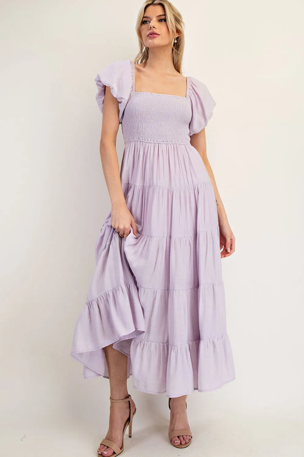 Lavender Smocked Puff Sleeve Tiered Maternity Maxi Dress sold by Pinkblush product image thumbnail 4