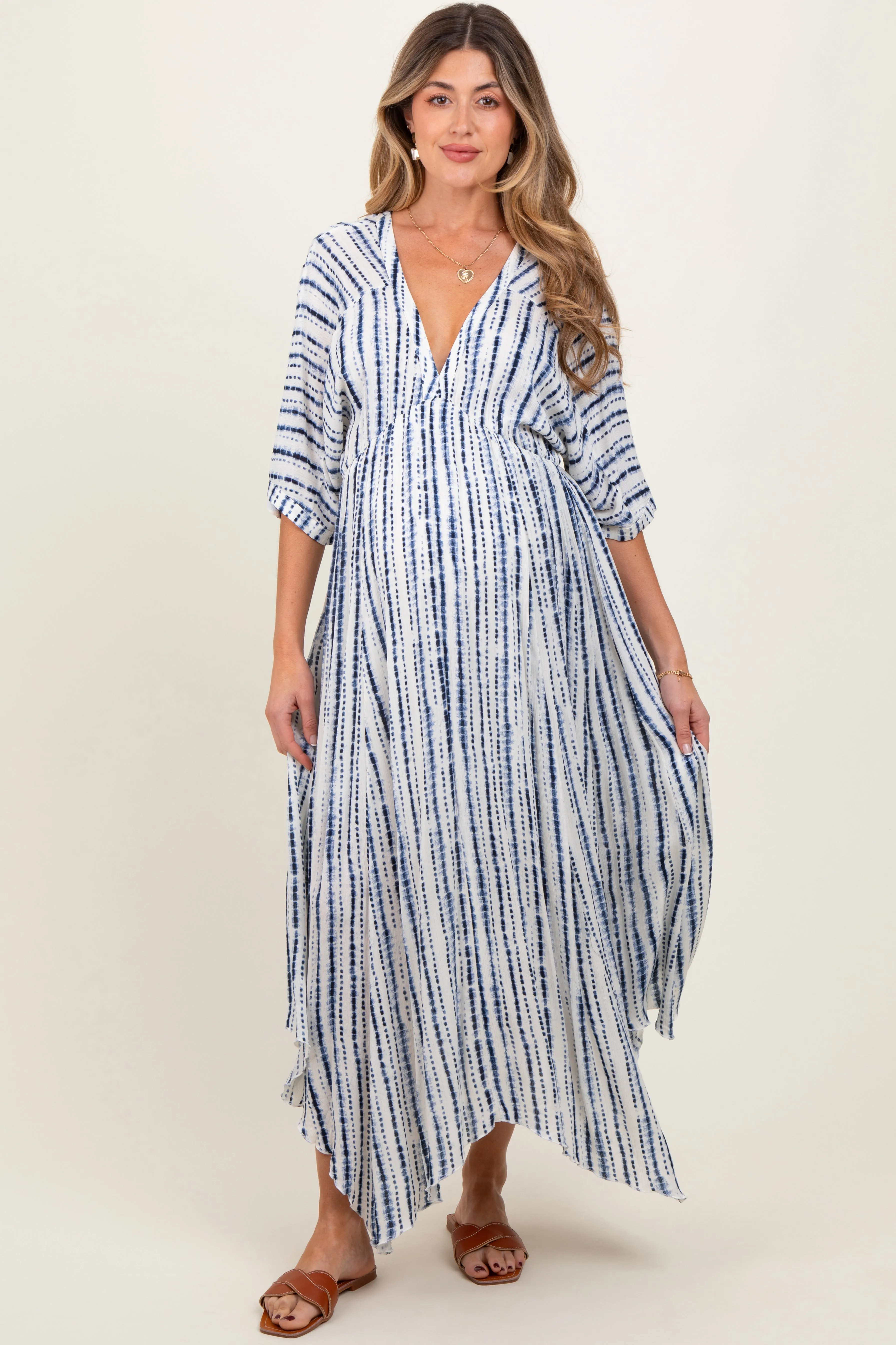 Navy Printed Deep V-Neck Maternity Midi Dress sold by Pinkblush