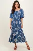 Blue Smocked Puff Sleeve Midi Dress sold by Pinkblush
