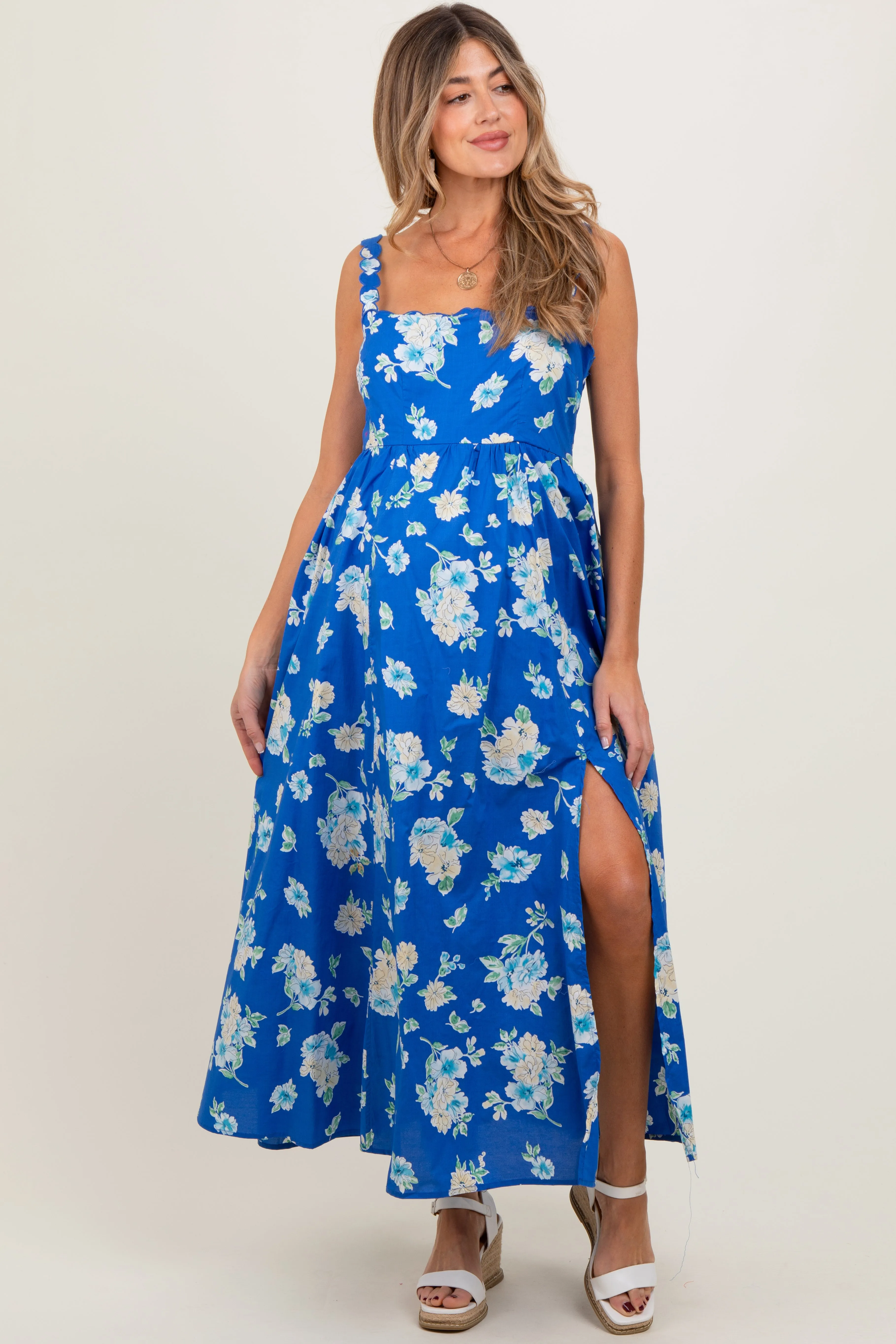 Royal Blue Floral Bold Print Cotton Maternity Maxi Dress sold by Pinkblush
