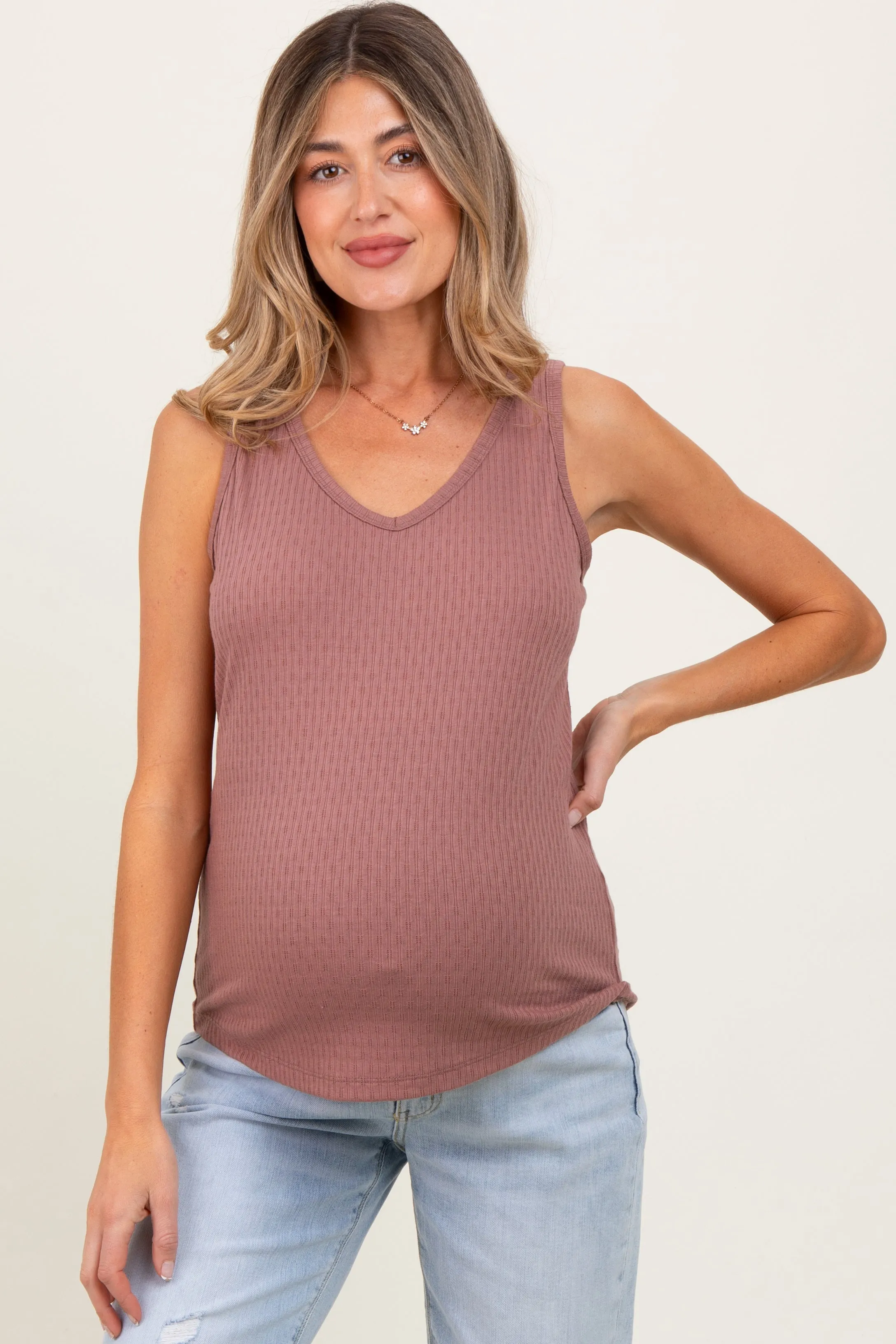 Mauve Pointelle Knit V-Neck Sleeveless Maternity Top sold by Pinkblush product image thumbnail 2