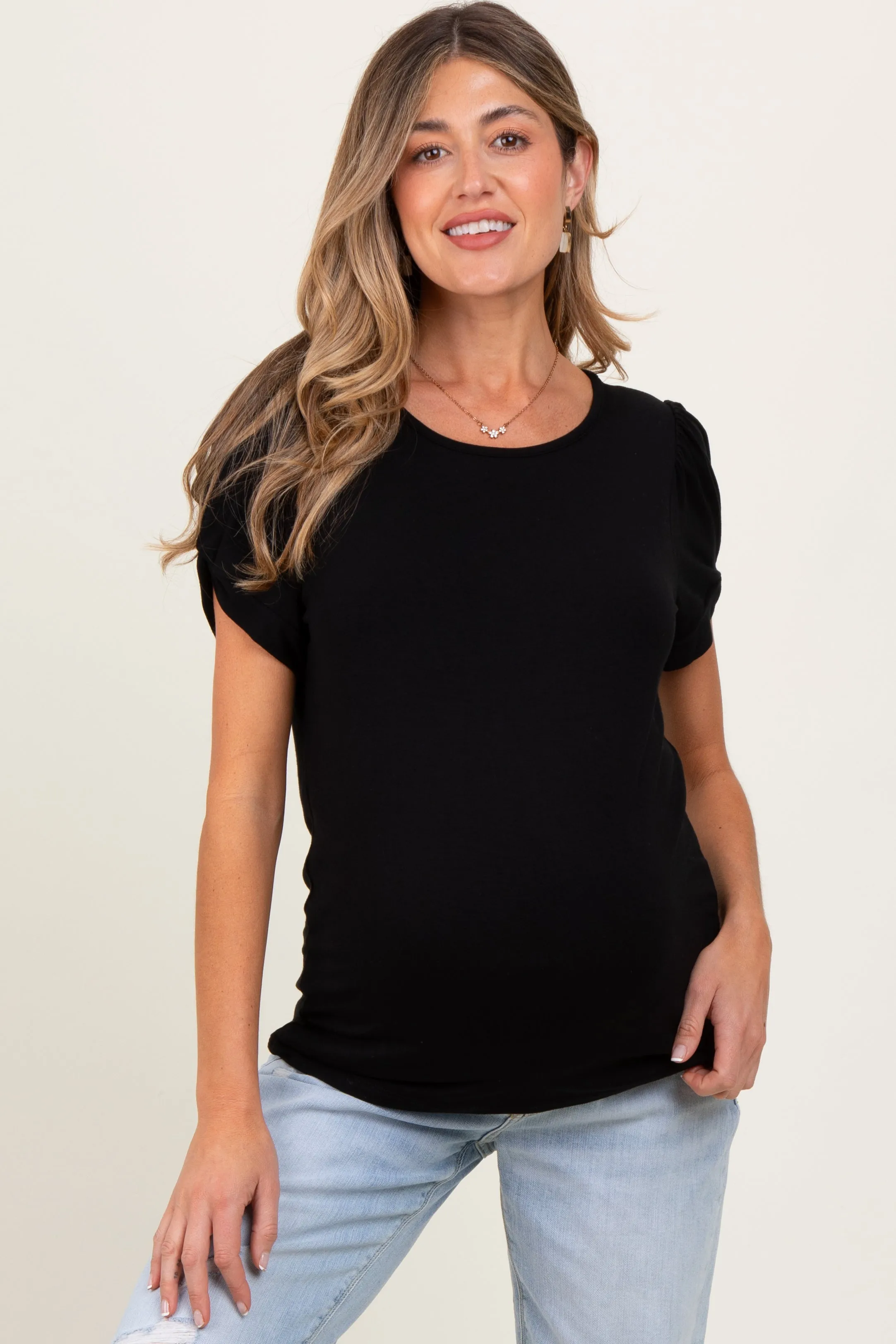 Black Basic Crew Neck Puff Sleeve Maternity Top sold by Pinkblush