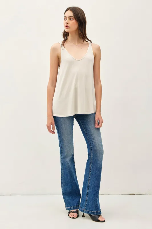 Cream Ribbed V-Neck Flowy Tank sold by Pinkblush