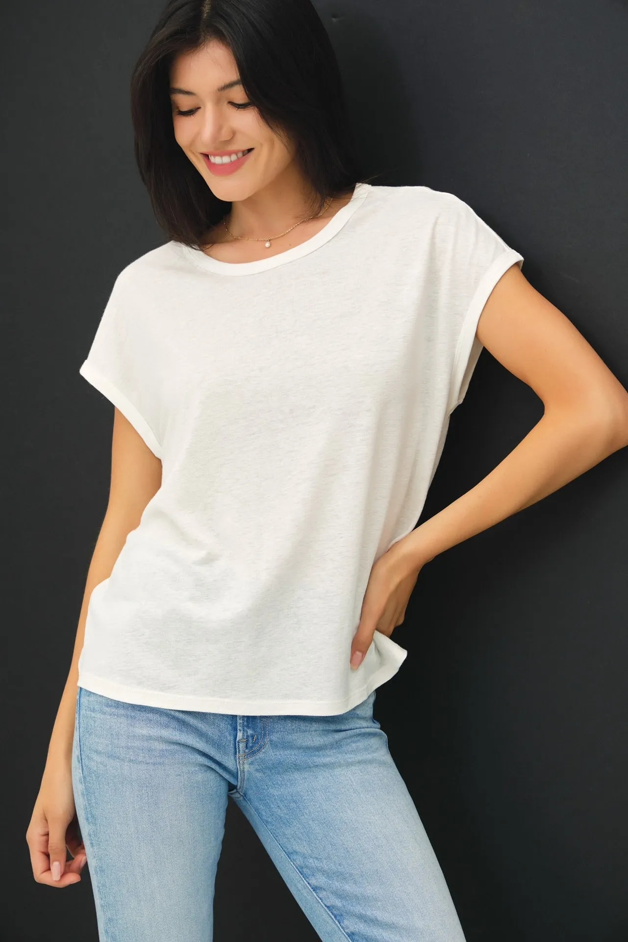 White Linen Blend Short Sleeve Tee sold by Pinkblush