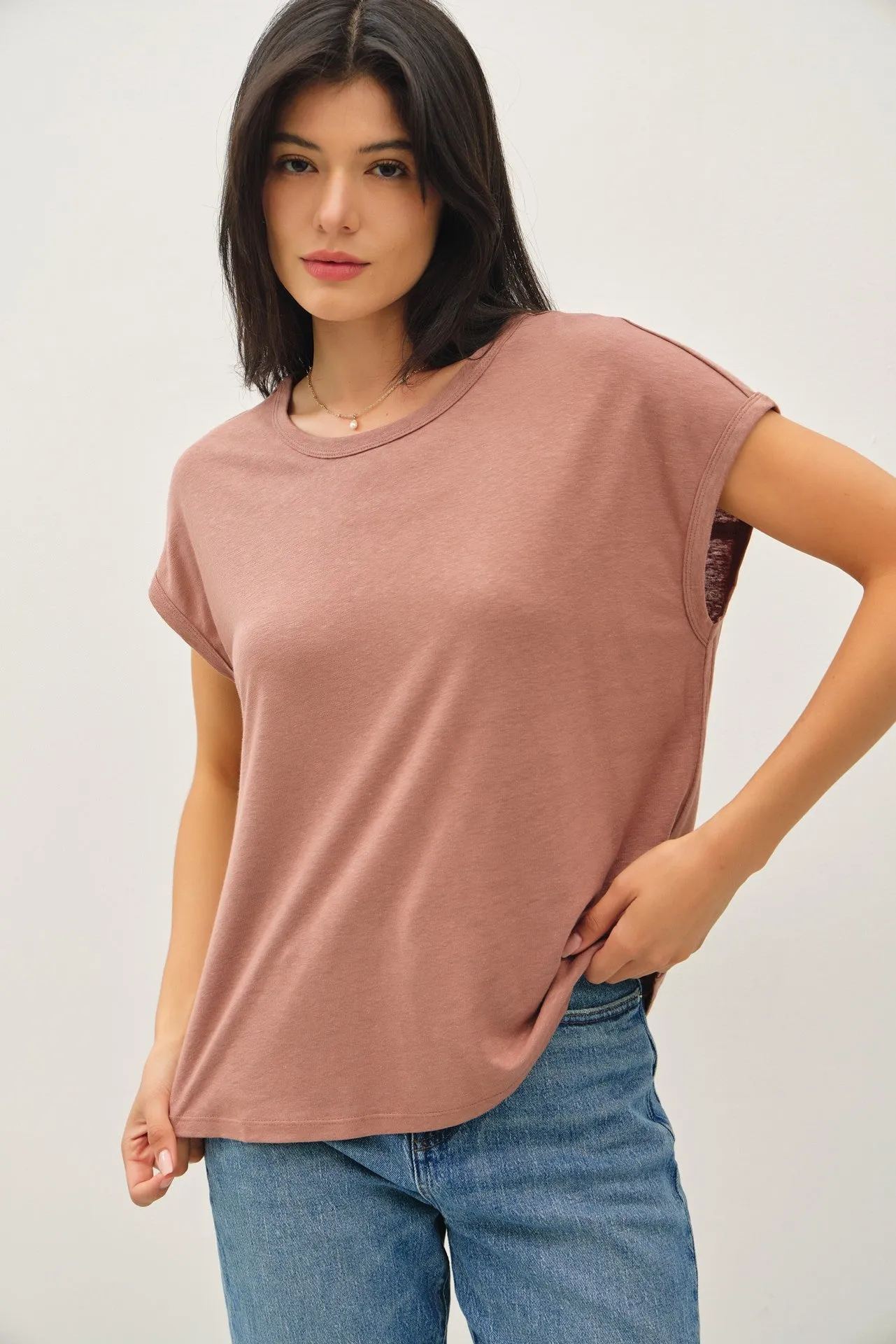Brown Linen Blend Short Sleeve Tee sold by Pinkblush