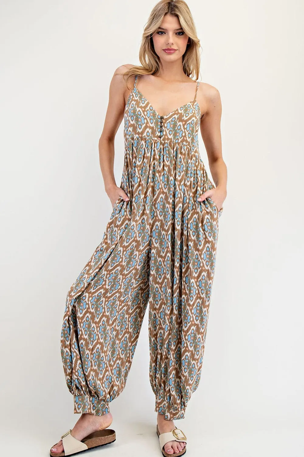 Taupe Printed Sleeveless Barrel Leg Maternity Jumpsuit sold by Pinkblush product image thumbnail 3