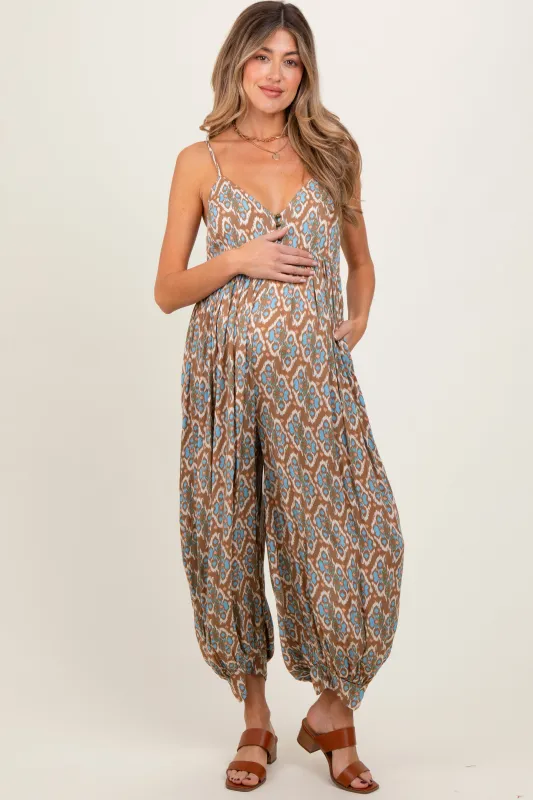 Taupe Printed Sleeveless Barrel Leg Maternity Jumpsuit sold by Pinkblush