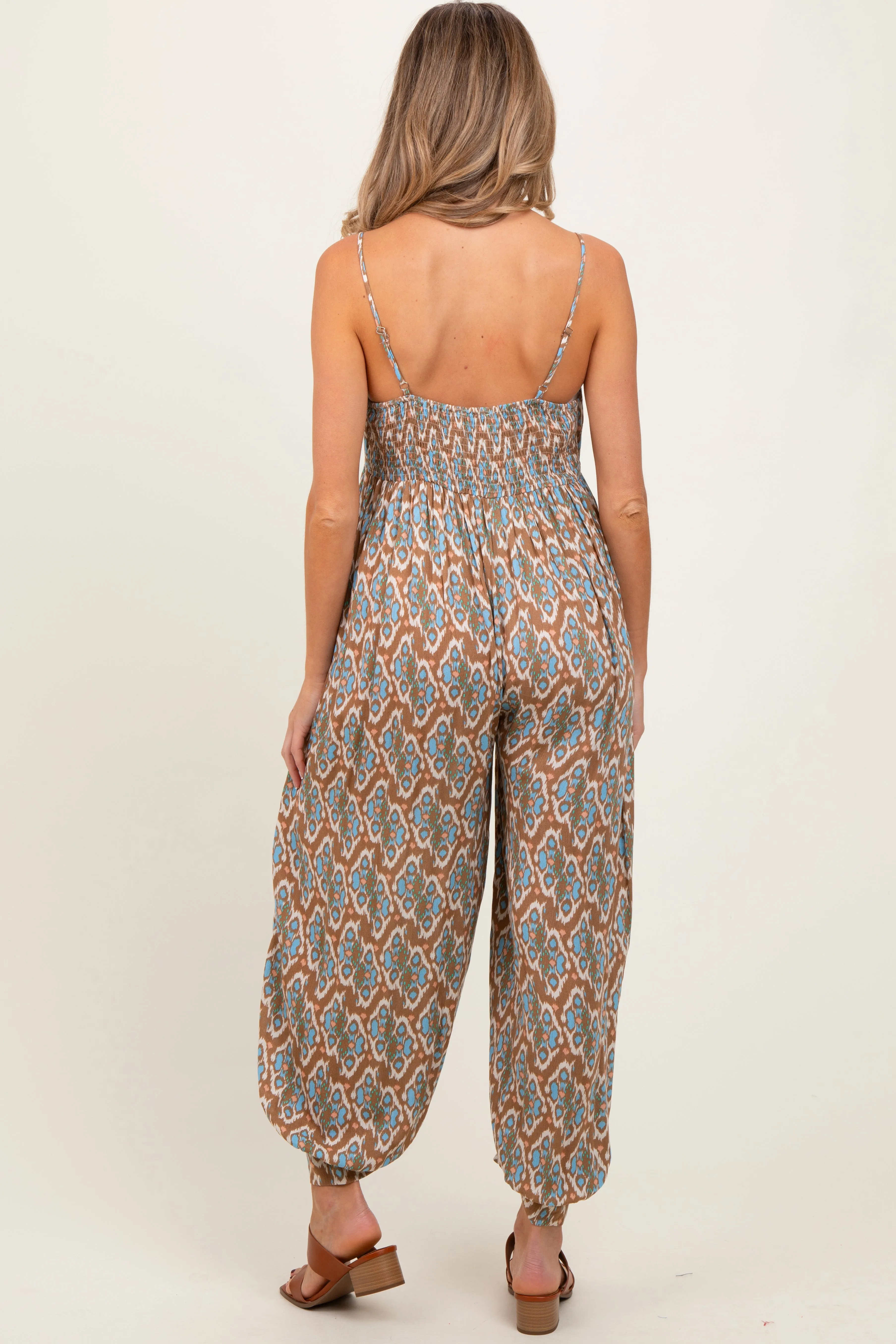 Taupe Printed Sleeveless Barrel Leg Maternity Jumpsuit sold by Pinkblush product image thumbnail 2