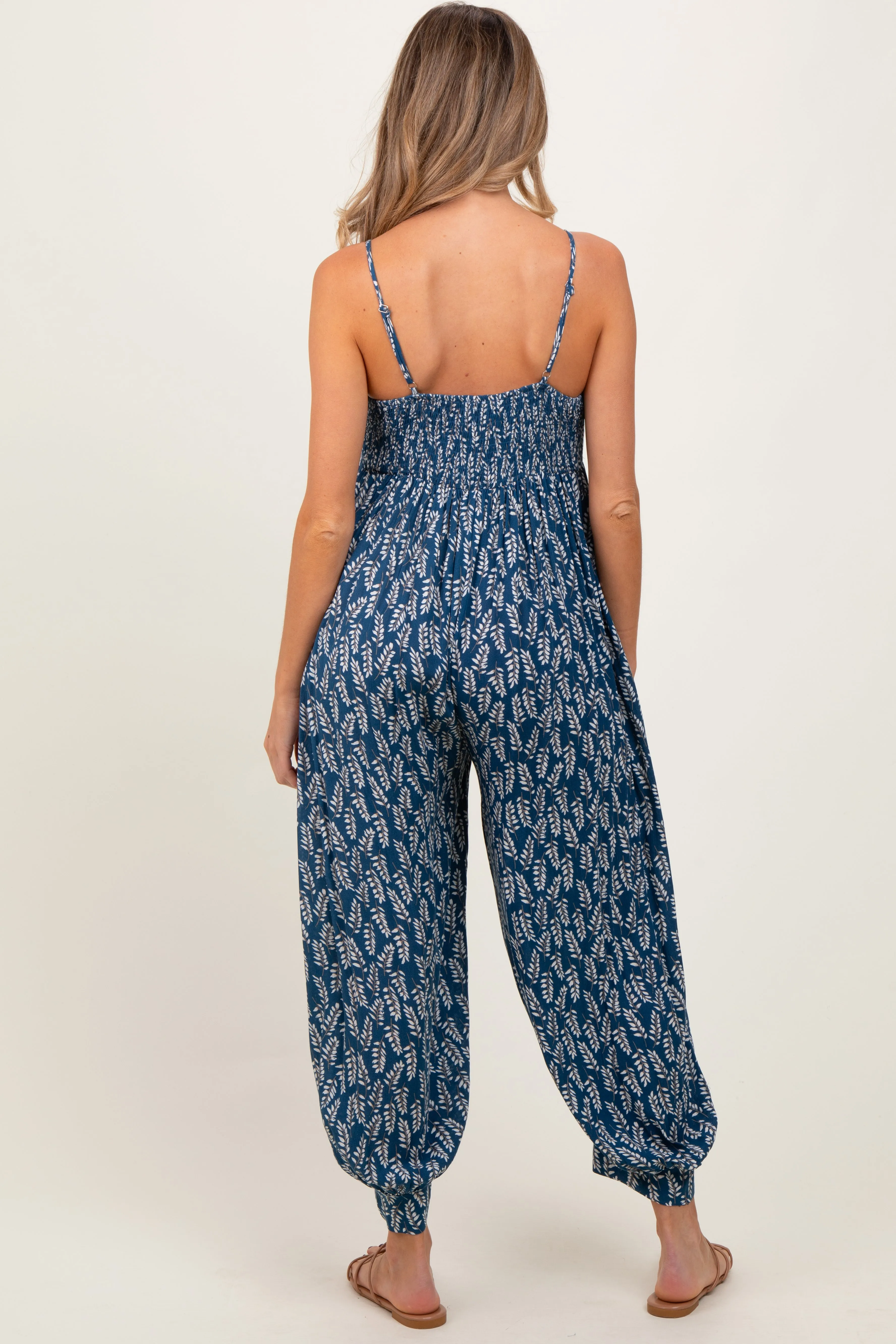 Navy Leaf Print Sleeveless Barrel Leg Maternity Jumpsuit sold by Pinkblush product image thumbnail 4