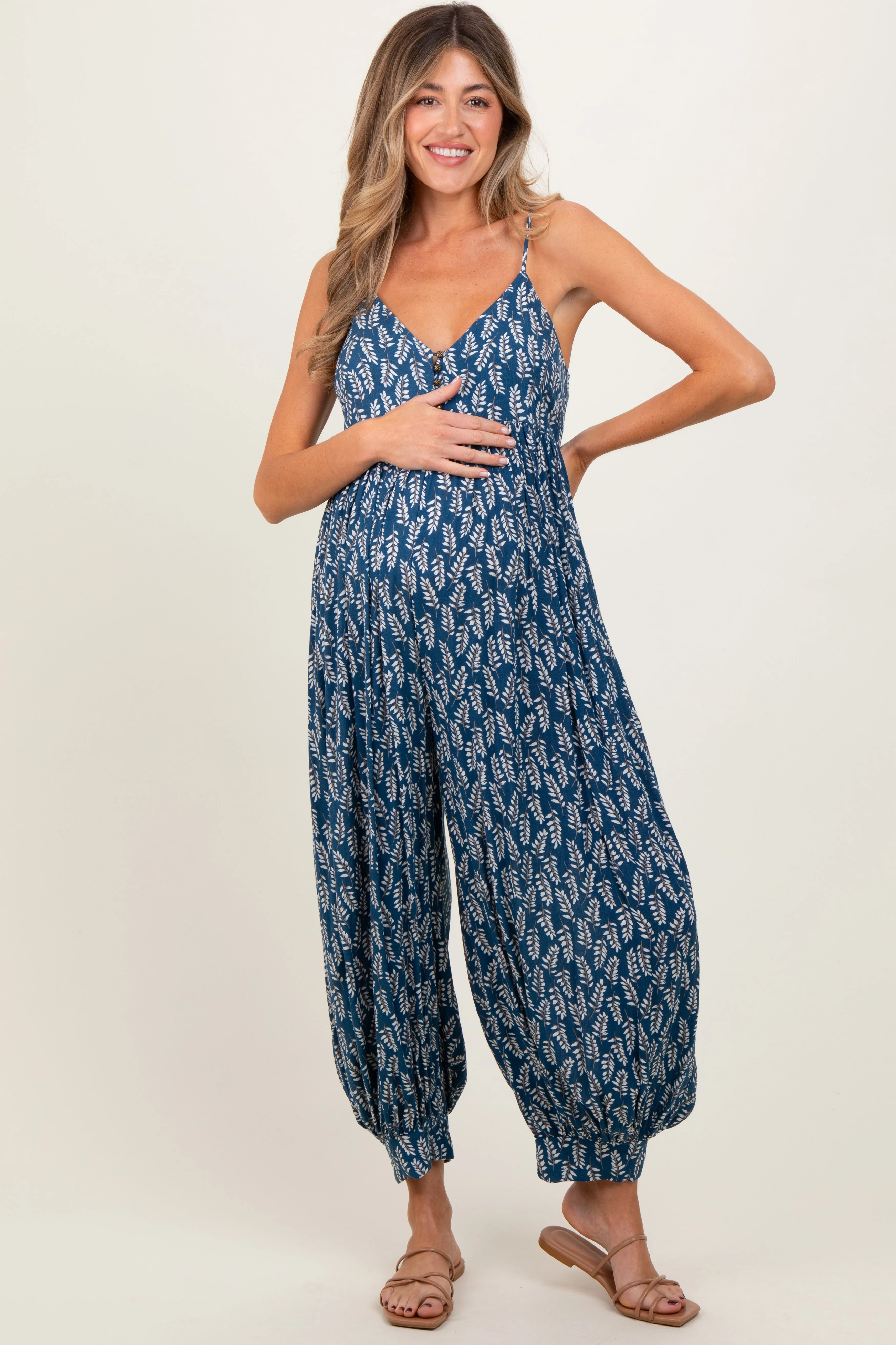 Navy Leaf Print Sleeveless Barrel Leg Maternity Jumpsuit sold by Pinkblush product image thumbnail 2