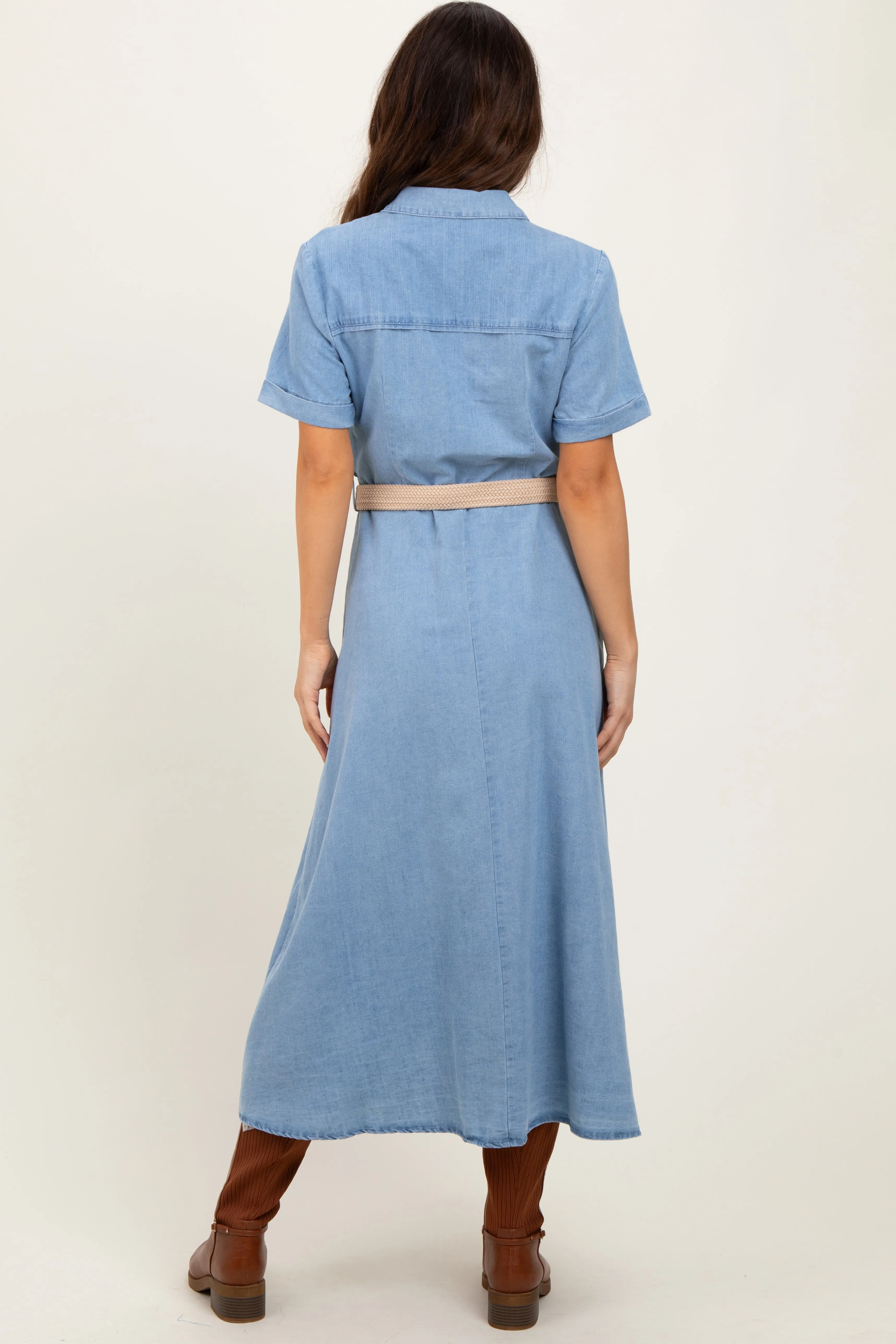 Light Blue Chambray Button Down Midi Shirt Dress sold by Pinkblush product image thumbnail 4