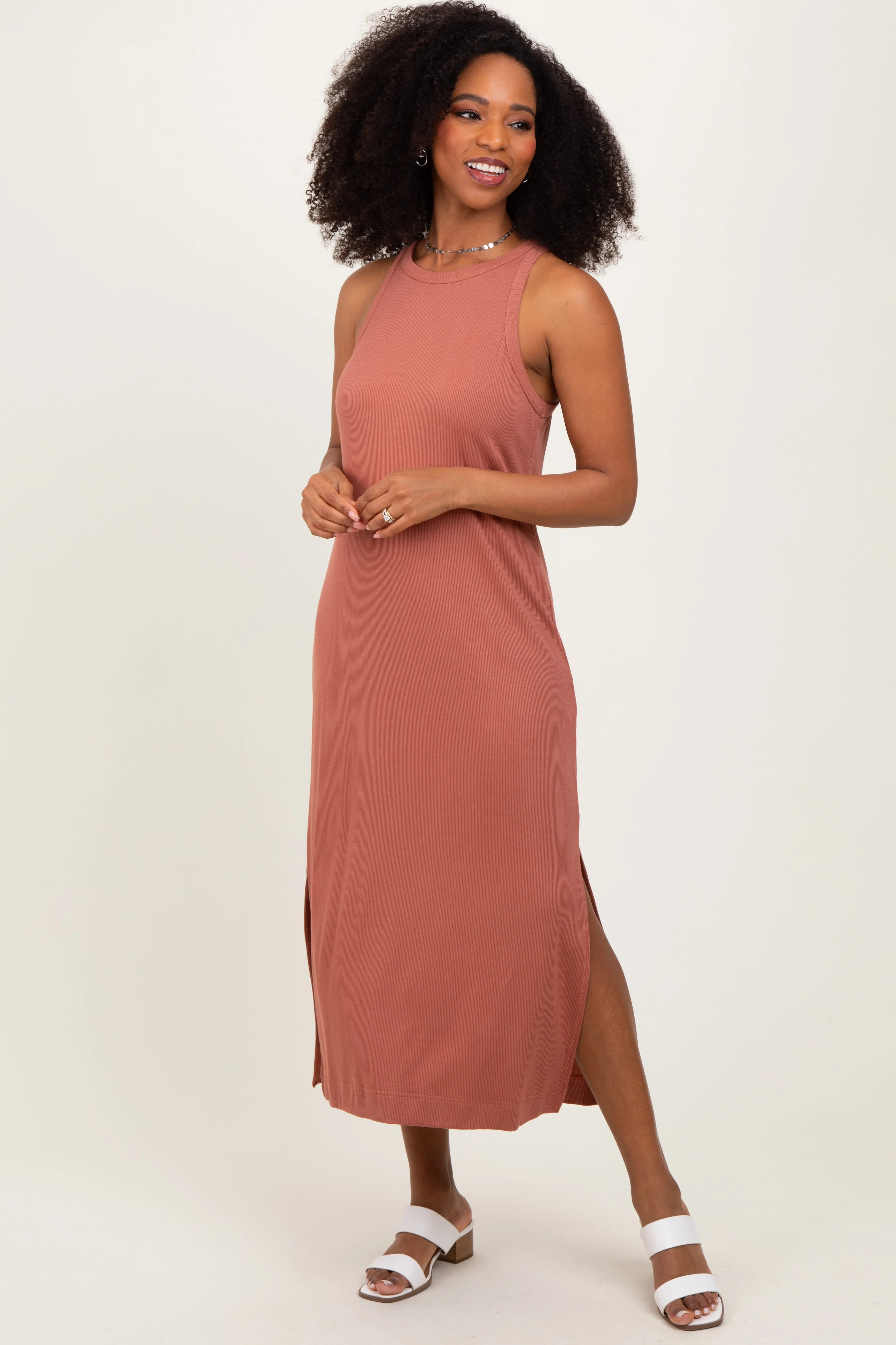 Rust Sleeveless Side Slit Midi Dress sold by Pinkblush