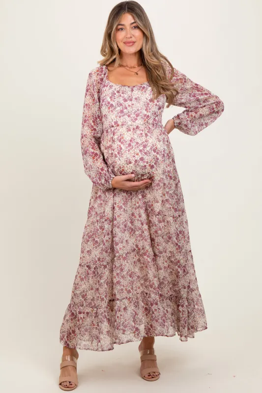 Mauve Floral Floral Chiffon Maternity Maxi Dress sold by Pinkblush