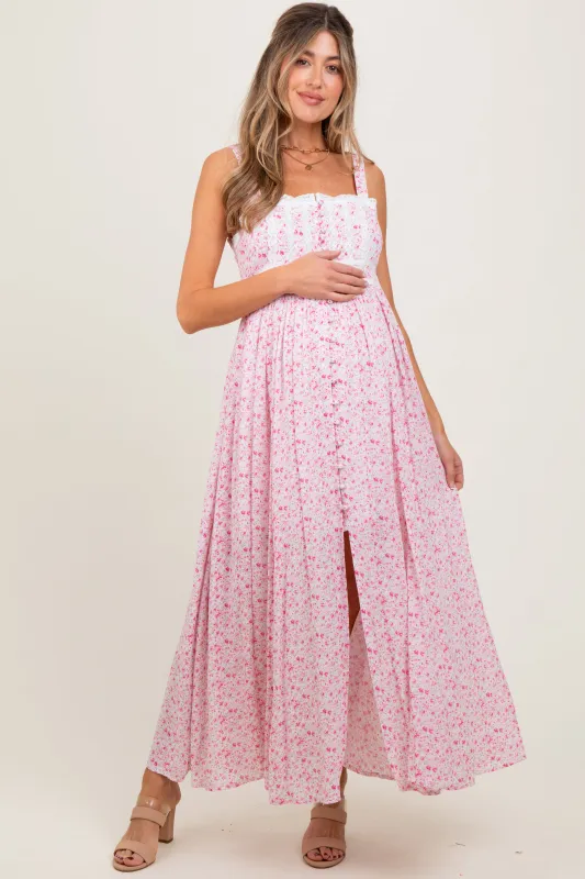 Pink Floral Button Down Sleeveless Maternity Maxi Dress sold by Pinkblush