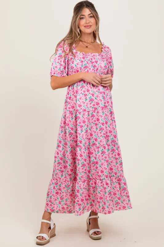 Pink Rose Print Ruffle Trim Puff Sleeve Maternity Maxi Dress sold by Pinkblush