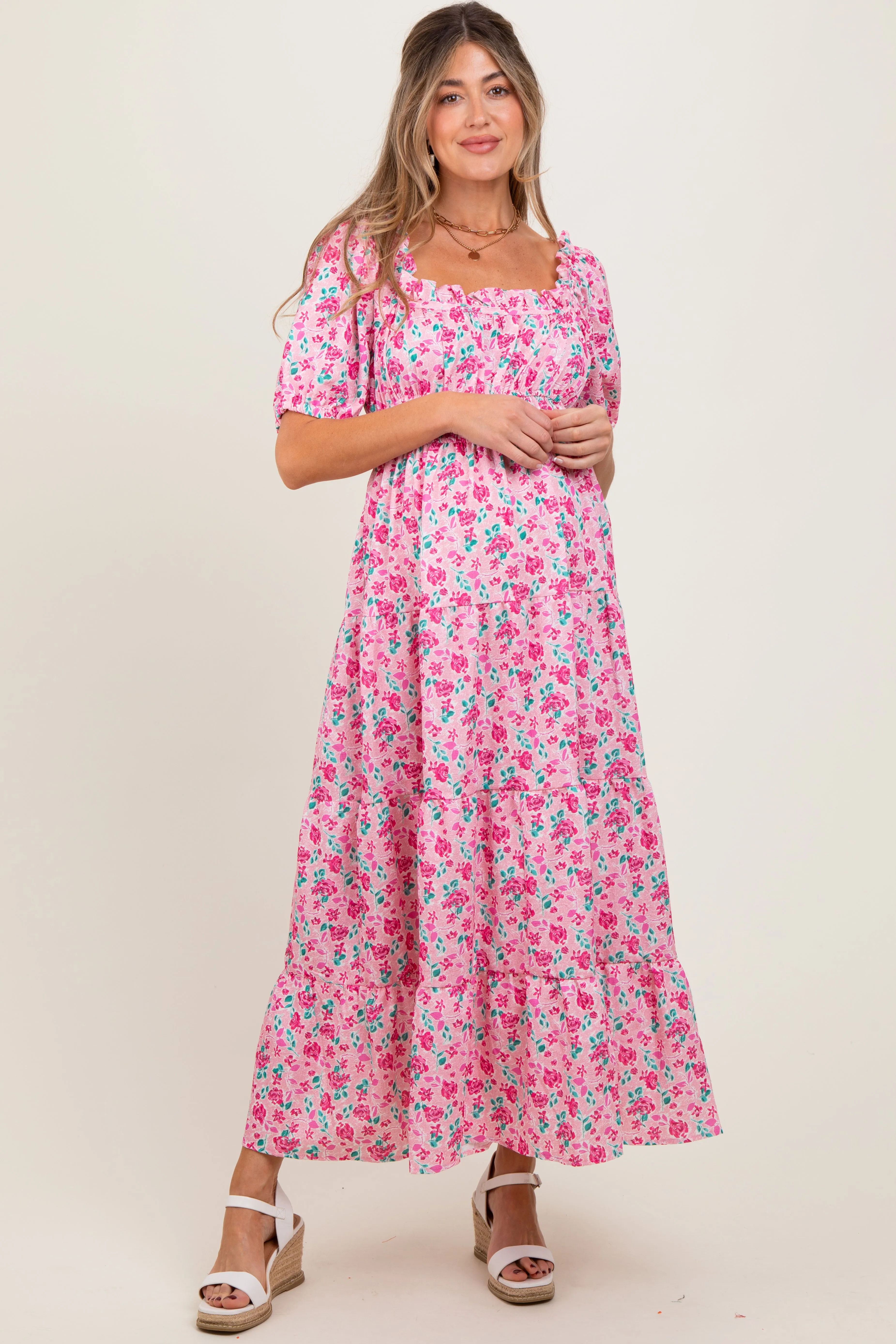 Pink Rose Print Ruffle Trim Puff Sleeve Maternity Maxi Dress sold by Pinkblush