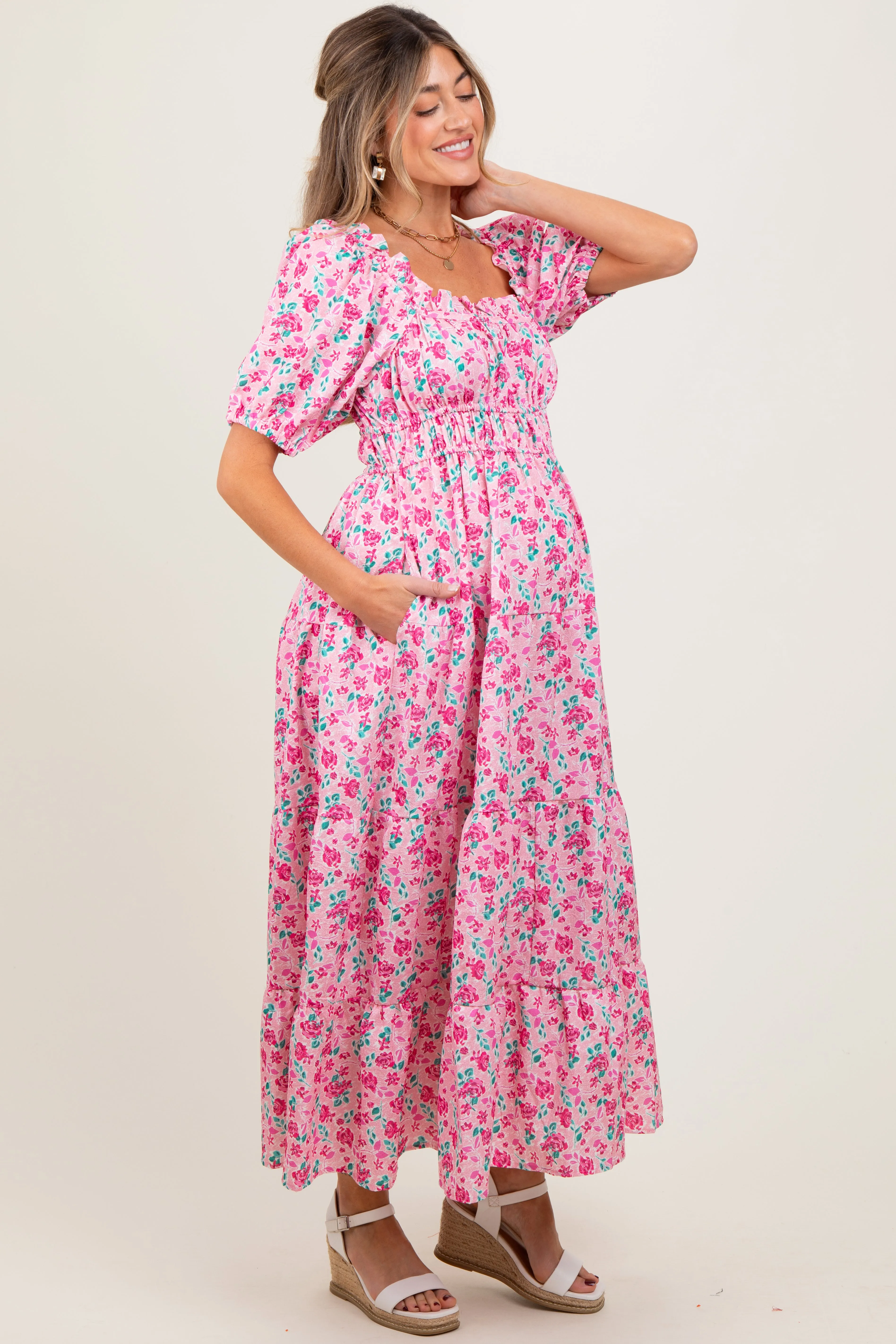 Pink Rose Print Ruffle Trim Puff Sleeve Maternity Maxi Dress sold by Pinkblush product image thumbnail 2