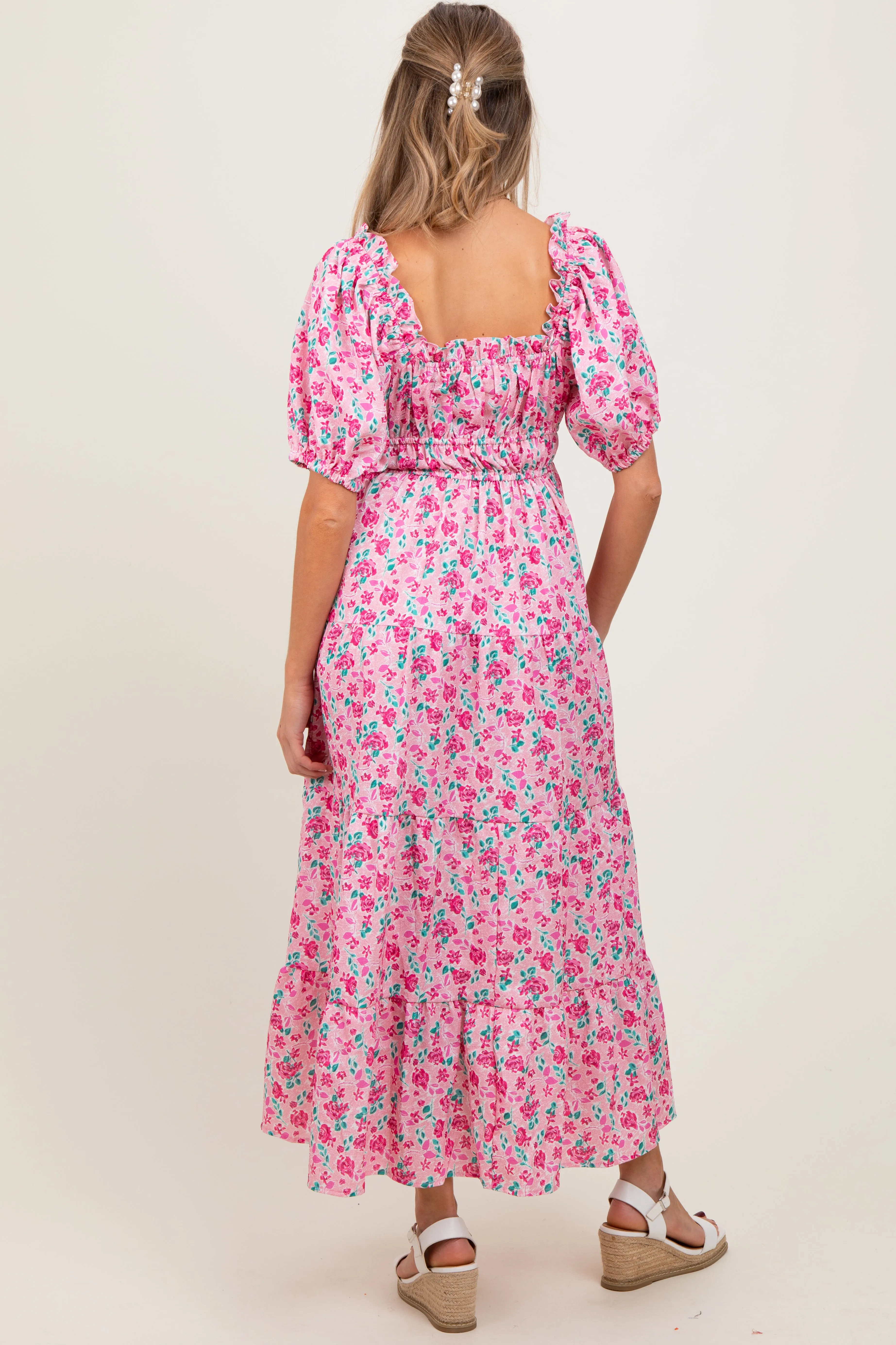 Pink Rose Print Ruffle Trim Puff Sleeve Maternity Maxi Dress sold by Pinkblush product image thumbnail 3