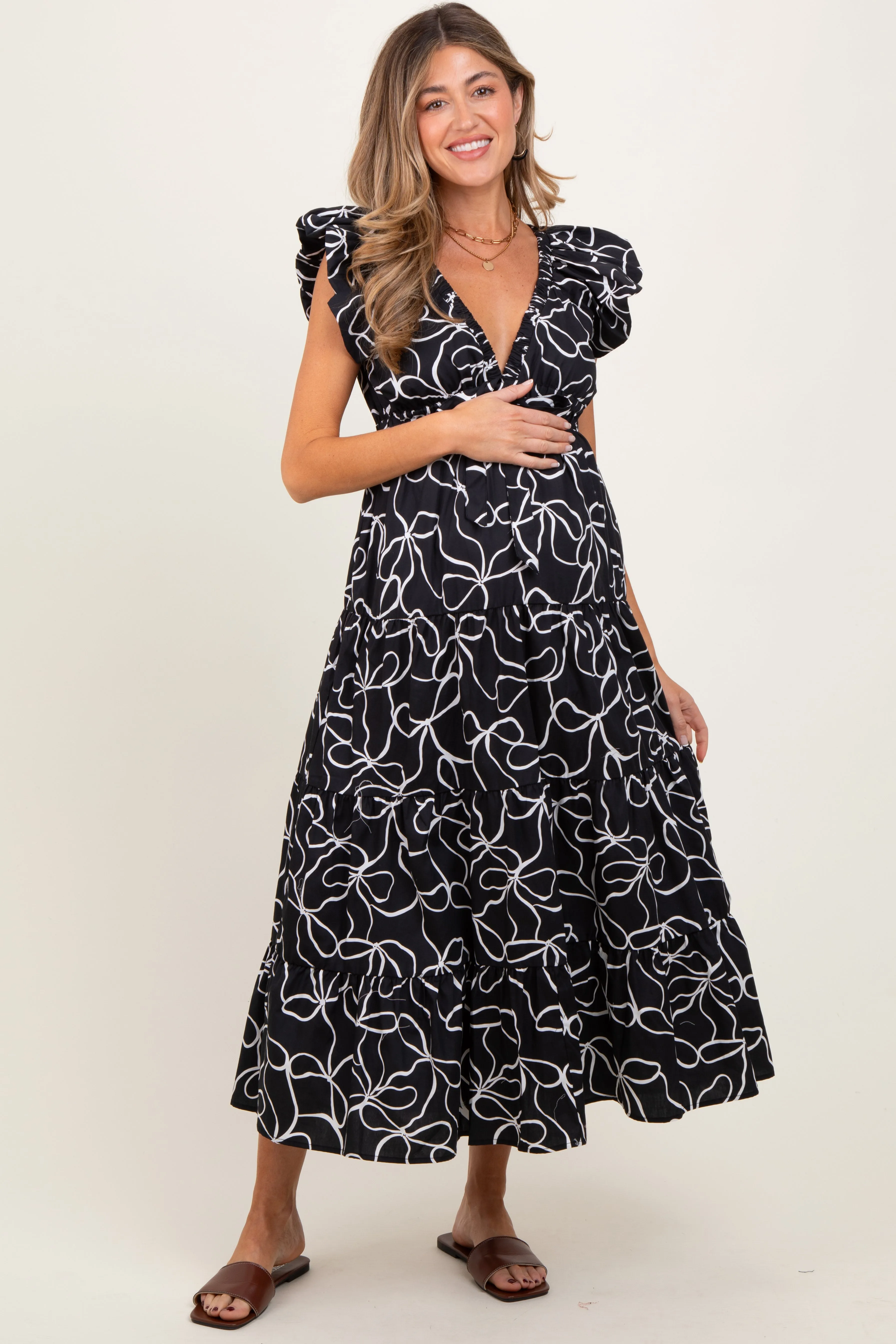 Black Bow Print Ruffle Hem Maternity Midi Dress sold by Pinkblush