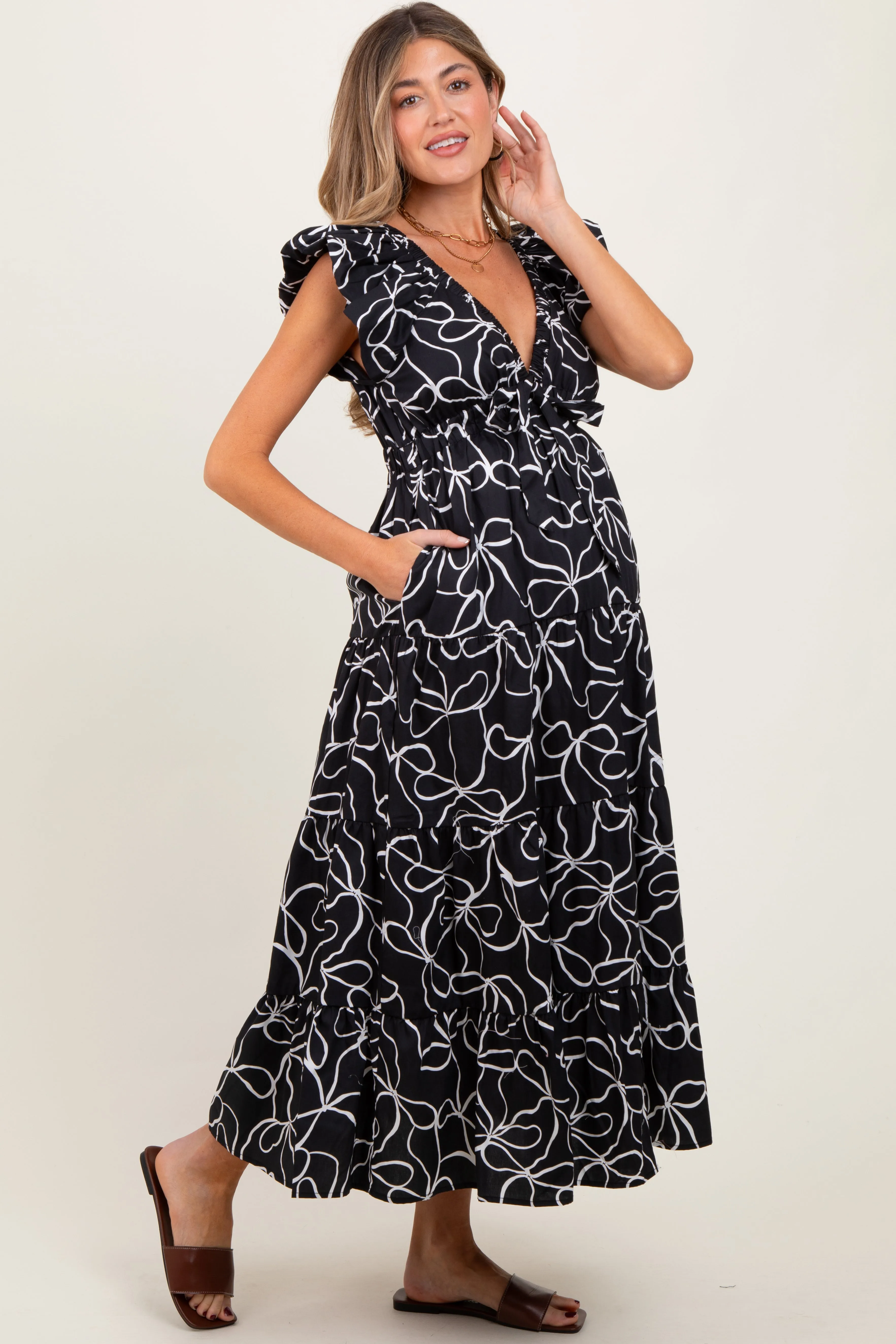 Black Bow Print Ruffle Hem Maternity Midi Dress sold by Pinkblush product image thumbnail 2