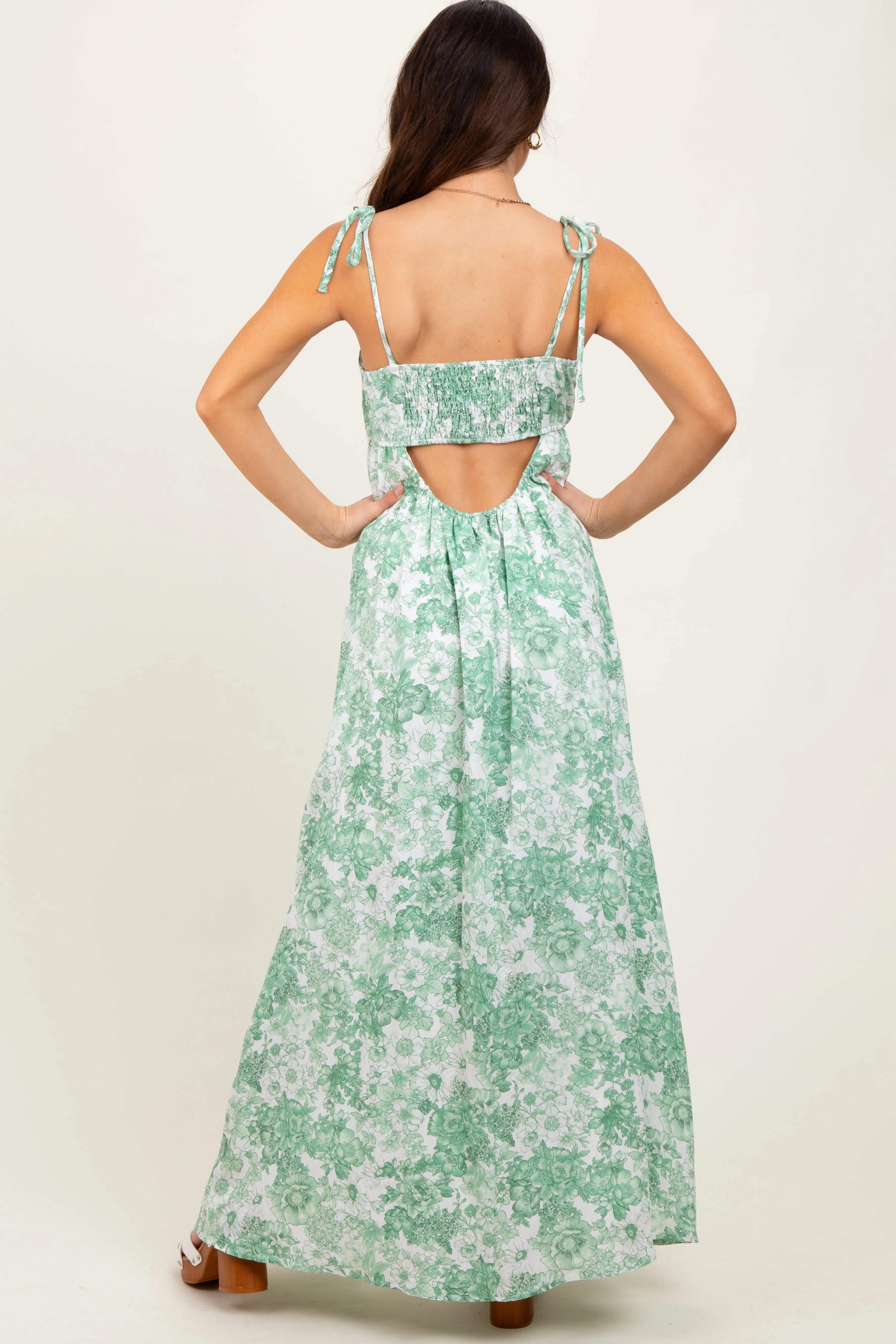 Sage Leaf Print Sleeveless Open Back Smocked Maxi Dress sold by Pinkblush product image thumbnail 4