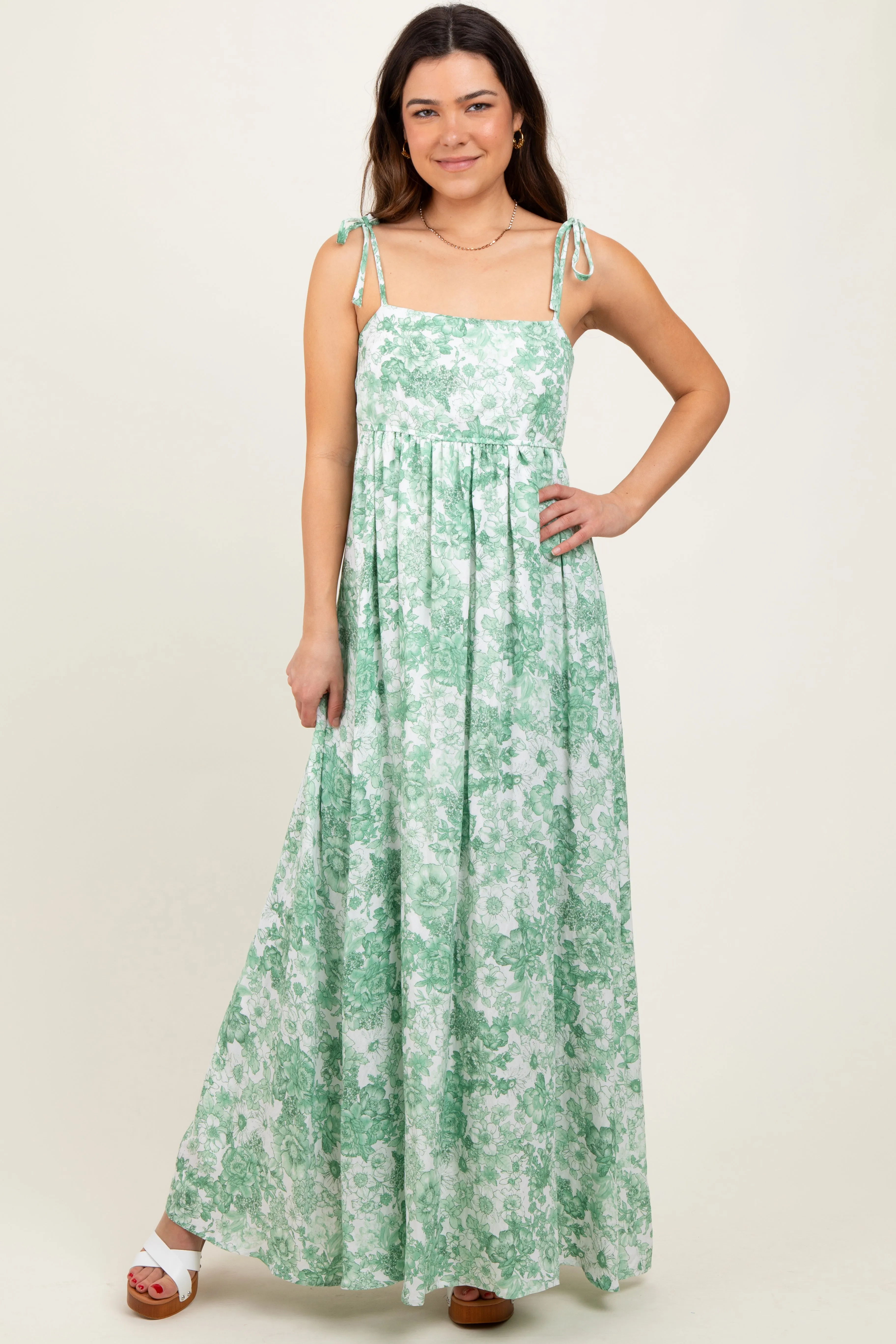 Sage Leaf Print Sleeveless Open Back Smocked Maxi Dress sold by Pinkblush