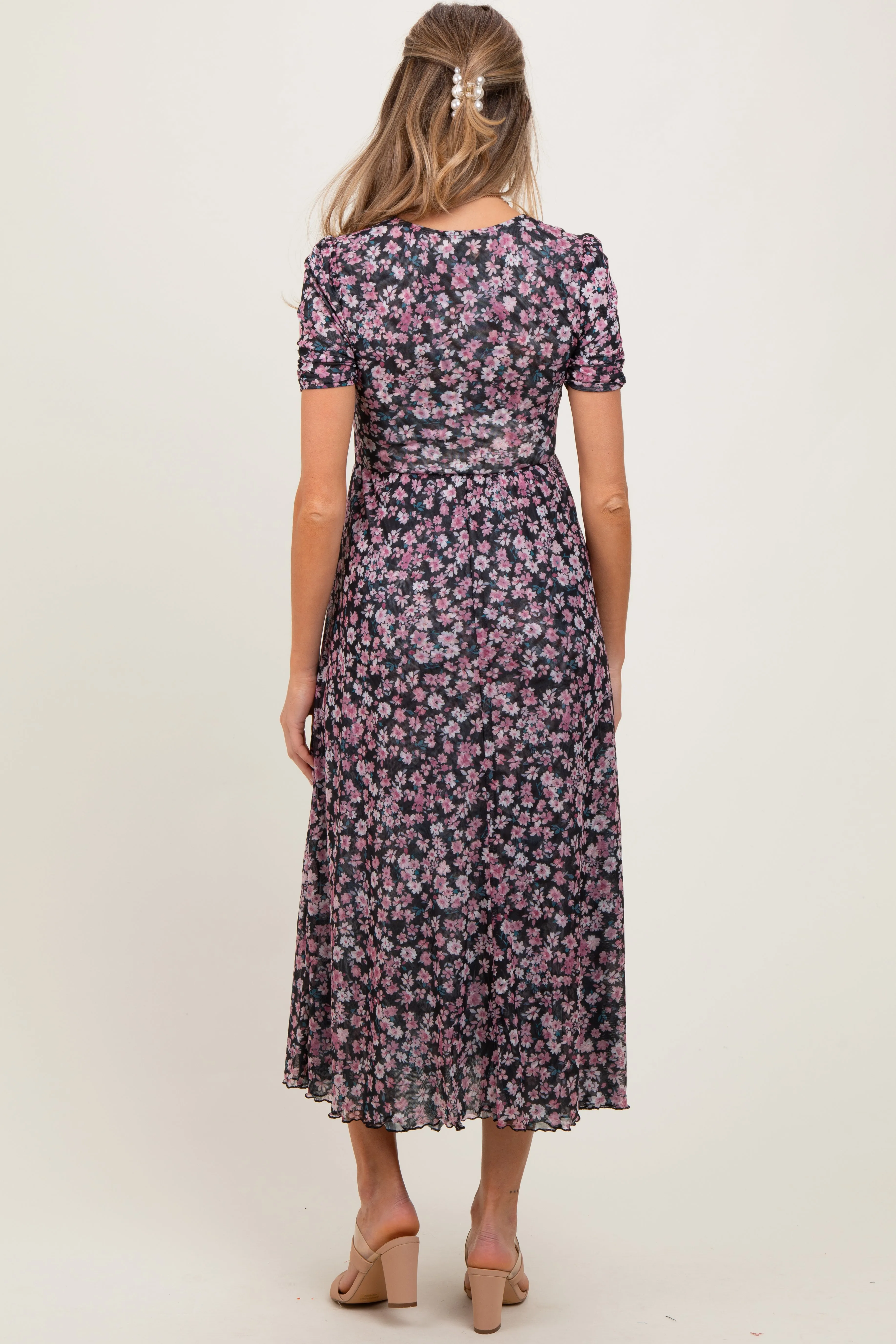 Black Floral Reversible Front Cinched Maternity Midi Dress sold by Pinkblush product image thumbnail 4