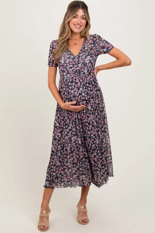Black Floral Reversible Front Cinched Maternity Midi Dress sold by Pinkblush