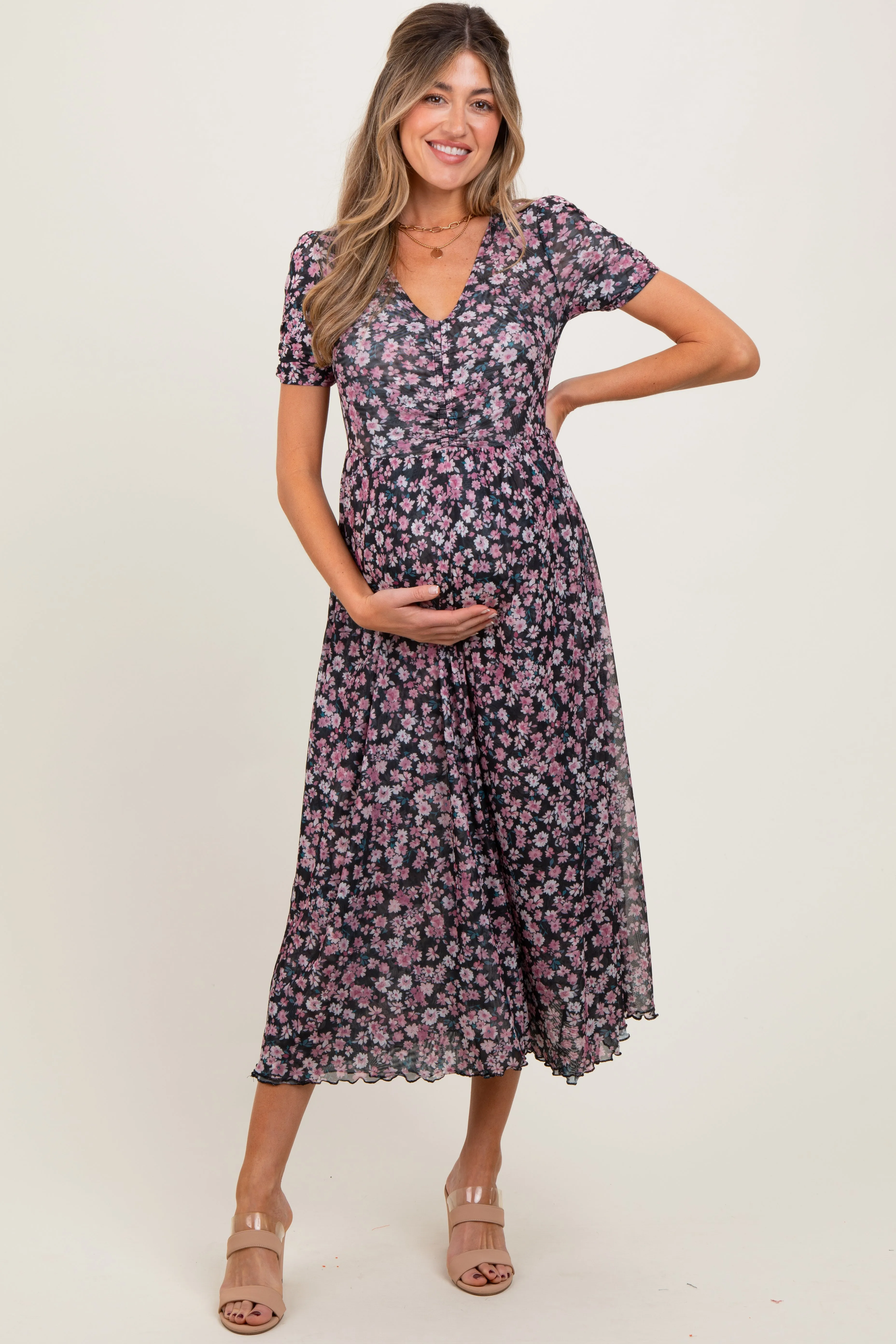 Black Floral Reversible Front Cinched Maternity Midi Dress sold by Pinkblush