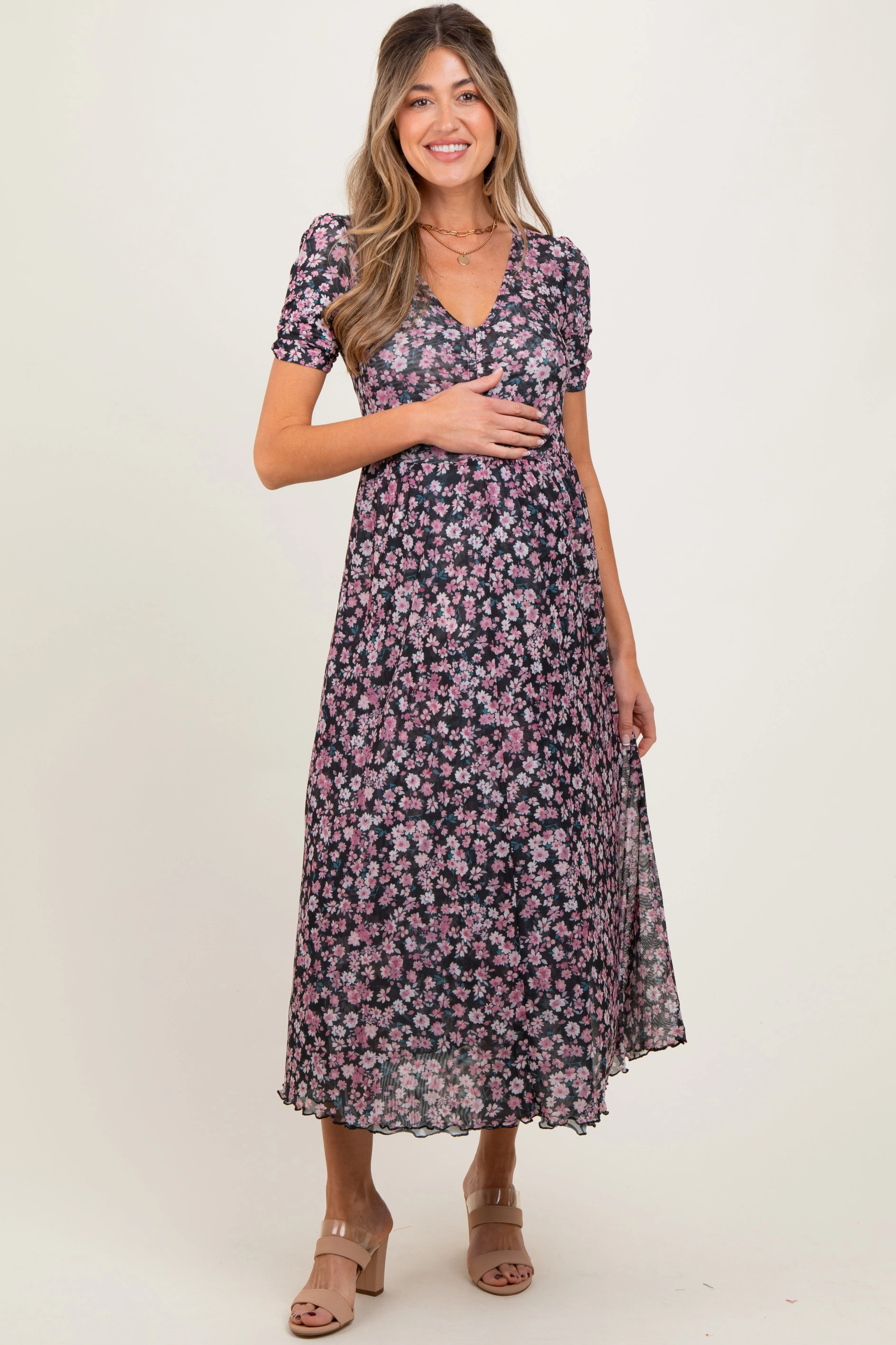 Black Floral Reversible Front Cinched Maternity Midi Dress sold by Pinkblush product image thumbnail 2