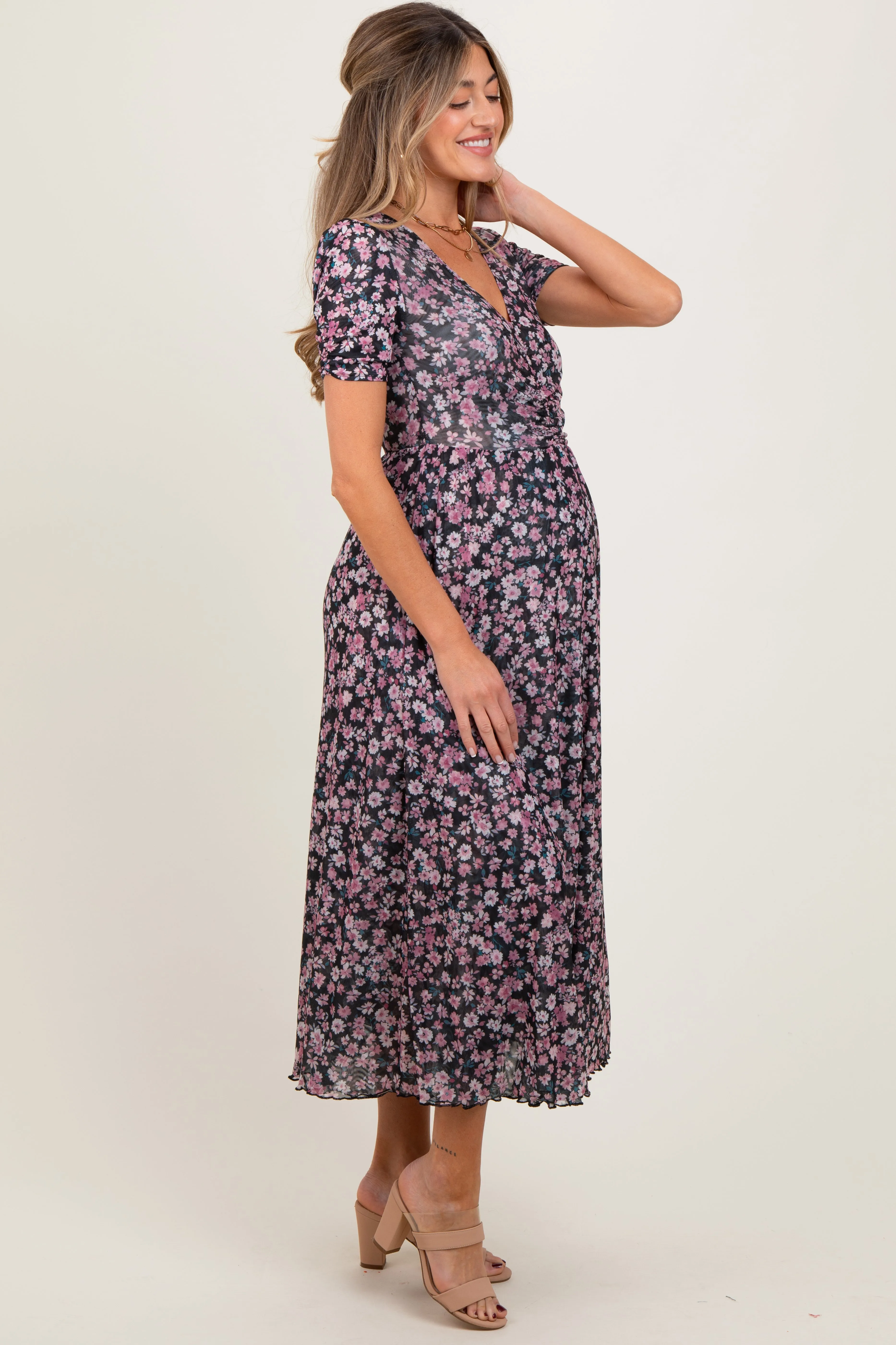Black Floral Reversible Front Cinched Maternity Midi Dress sold by Pinkblush product image thumbnail 3
