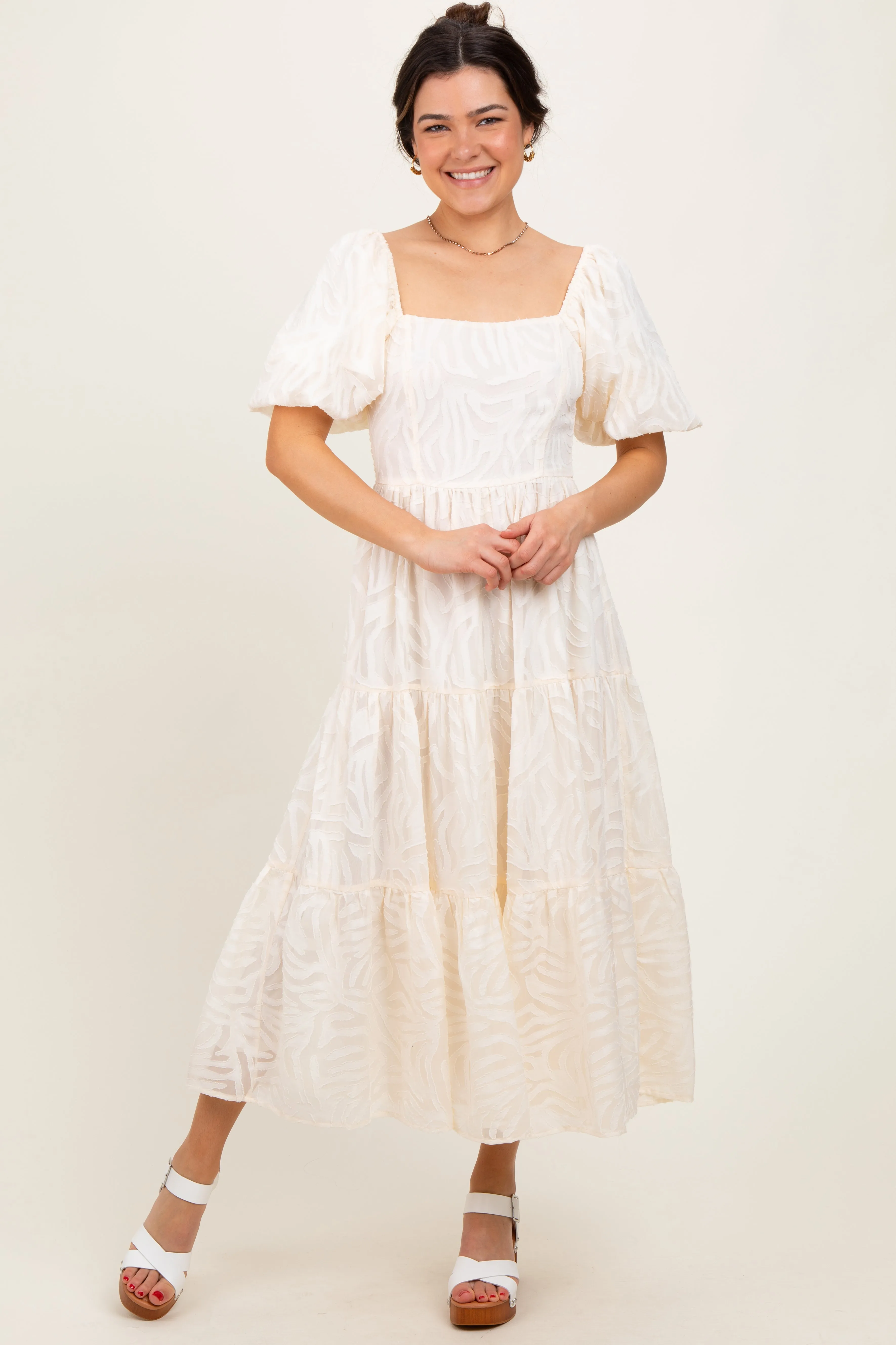 Cream Jacquard Puff Sleeve Tiered Maternity Midi Dress sold by Pinkblush product image thumbnail 5