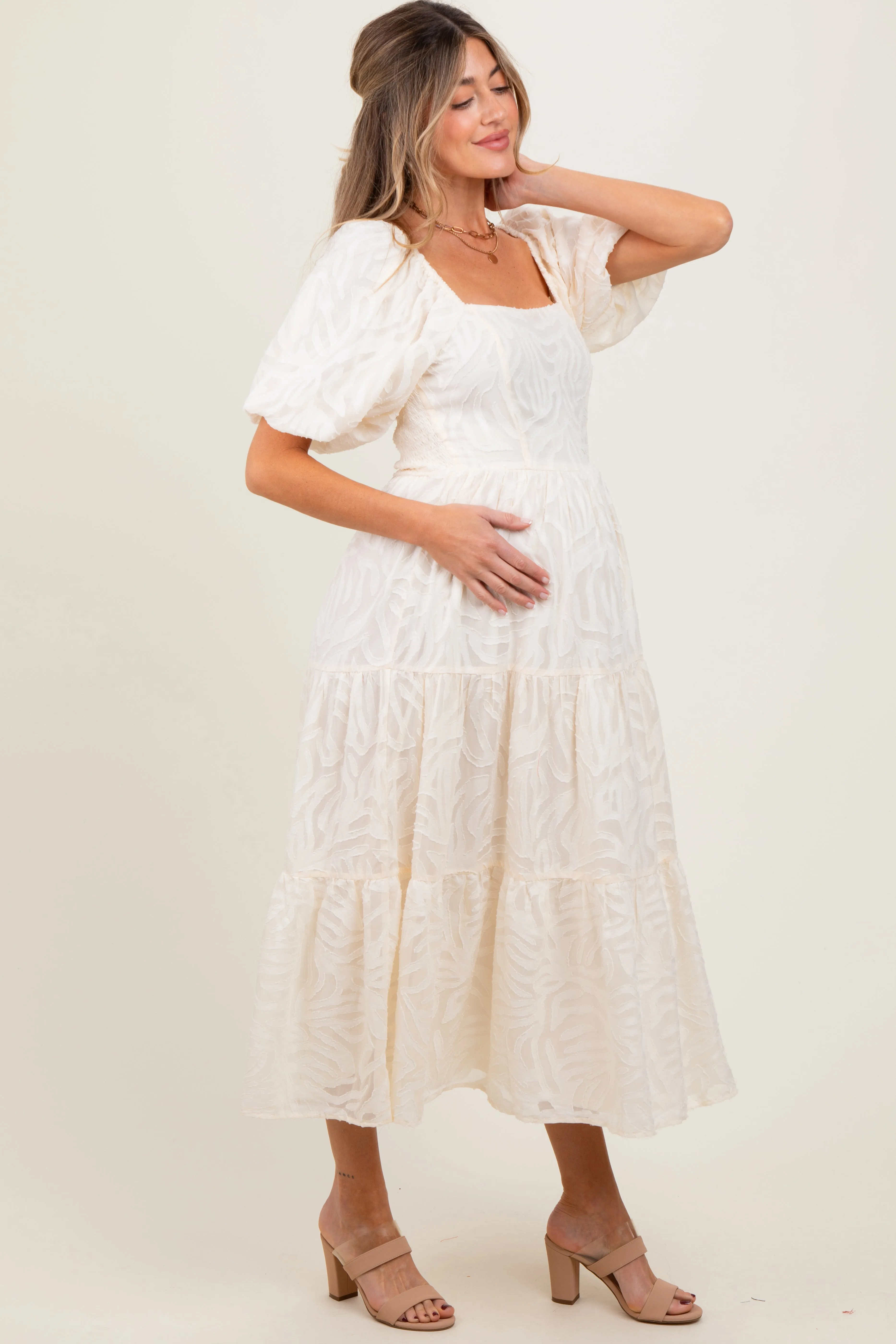 Cream Jacquard Puff Sleeve Tiered Maternity Midi Dress sold by Pinkblush product image thumbnail 3