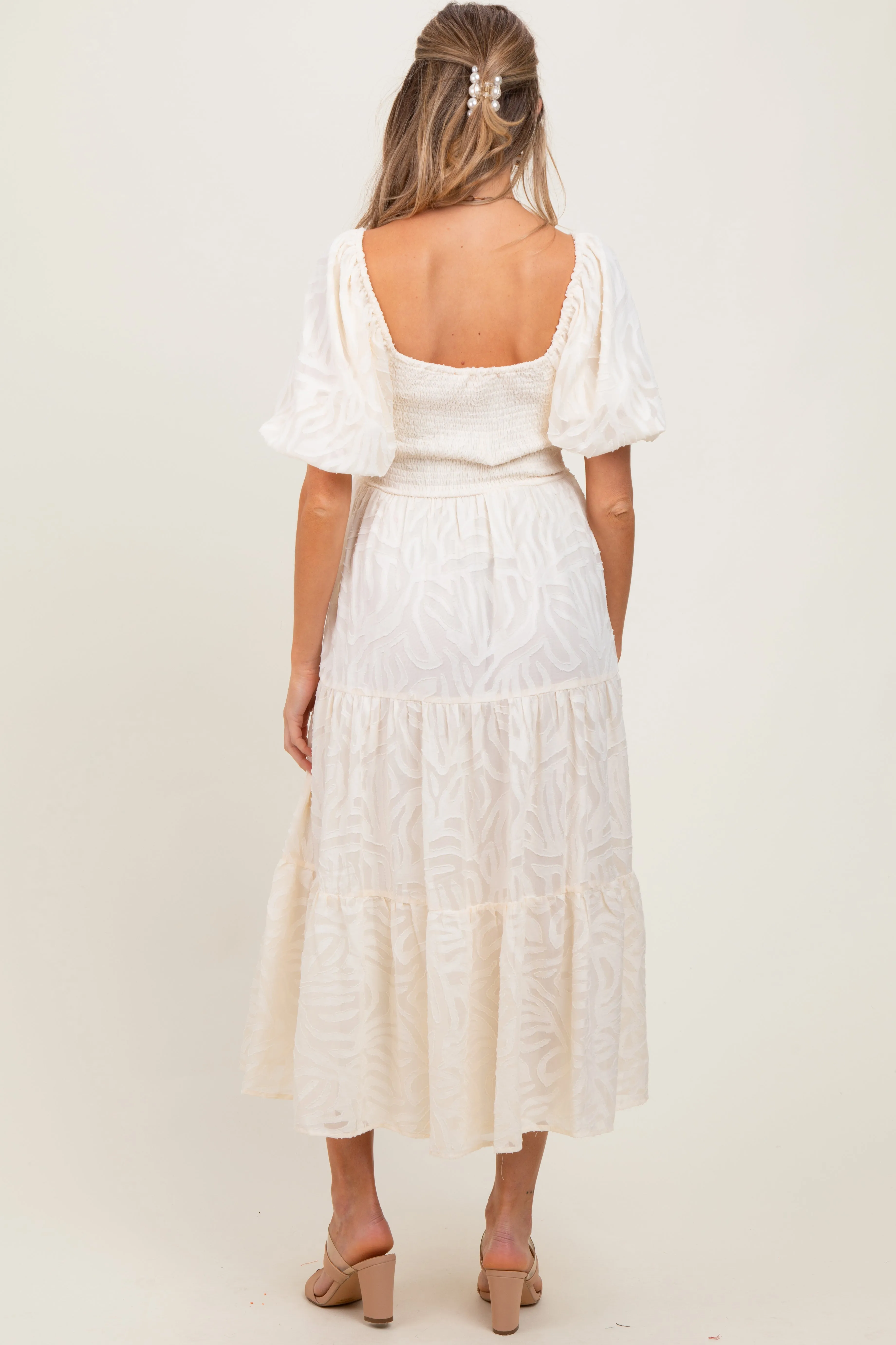 Cream Jacquard Puff Sleeve Tiered Maternity Midi Dress sold by Pinkblush product image thumbnail 4