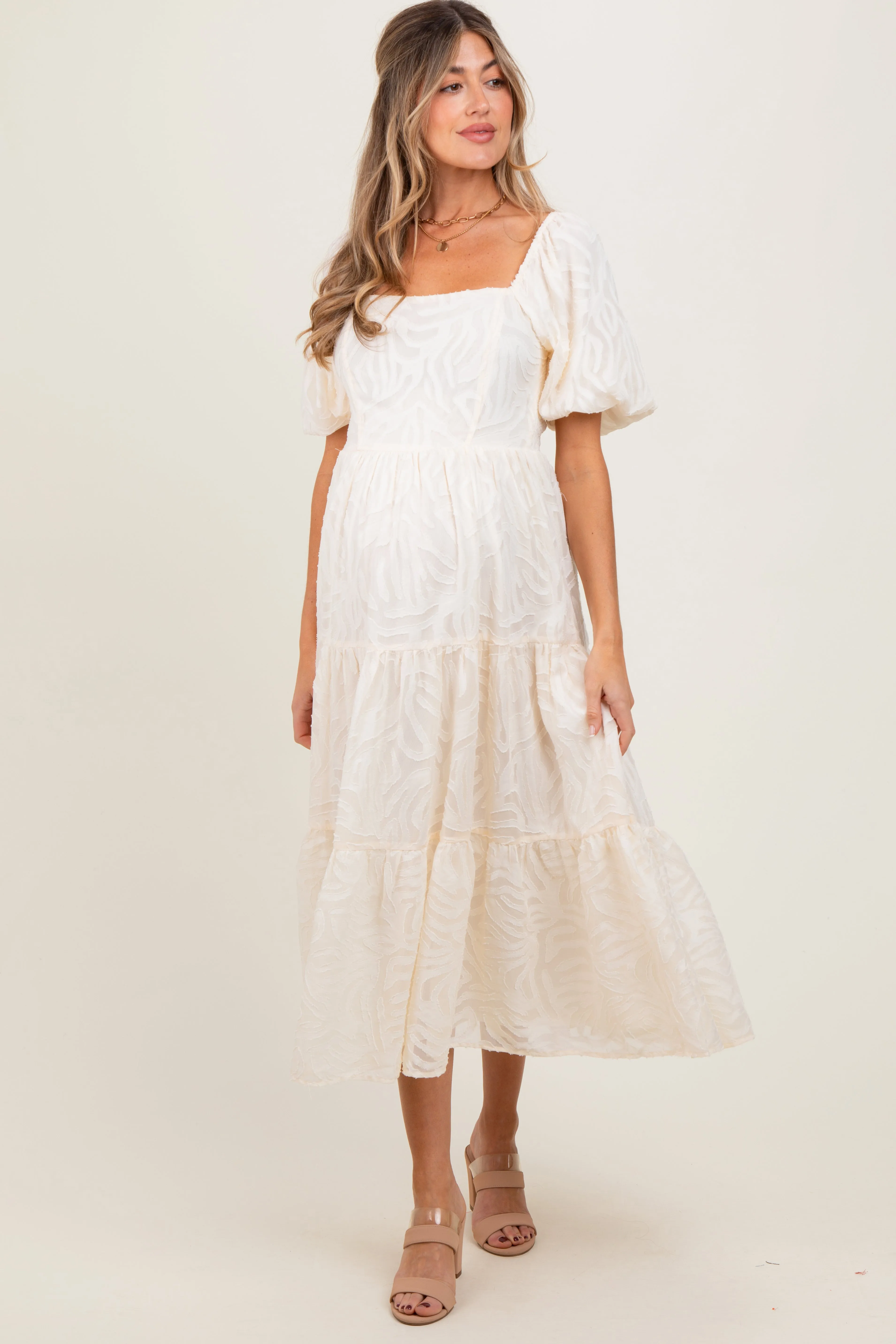 Cream Jacquard Puff Sleeve Tiered Maternity Midi Dress sold by Pinkblush