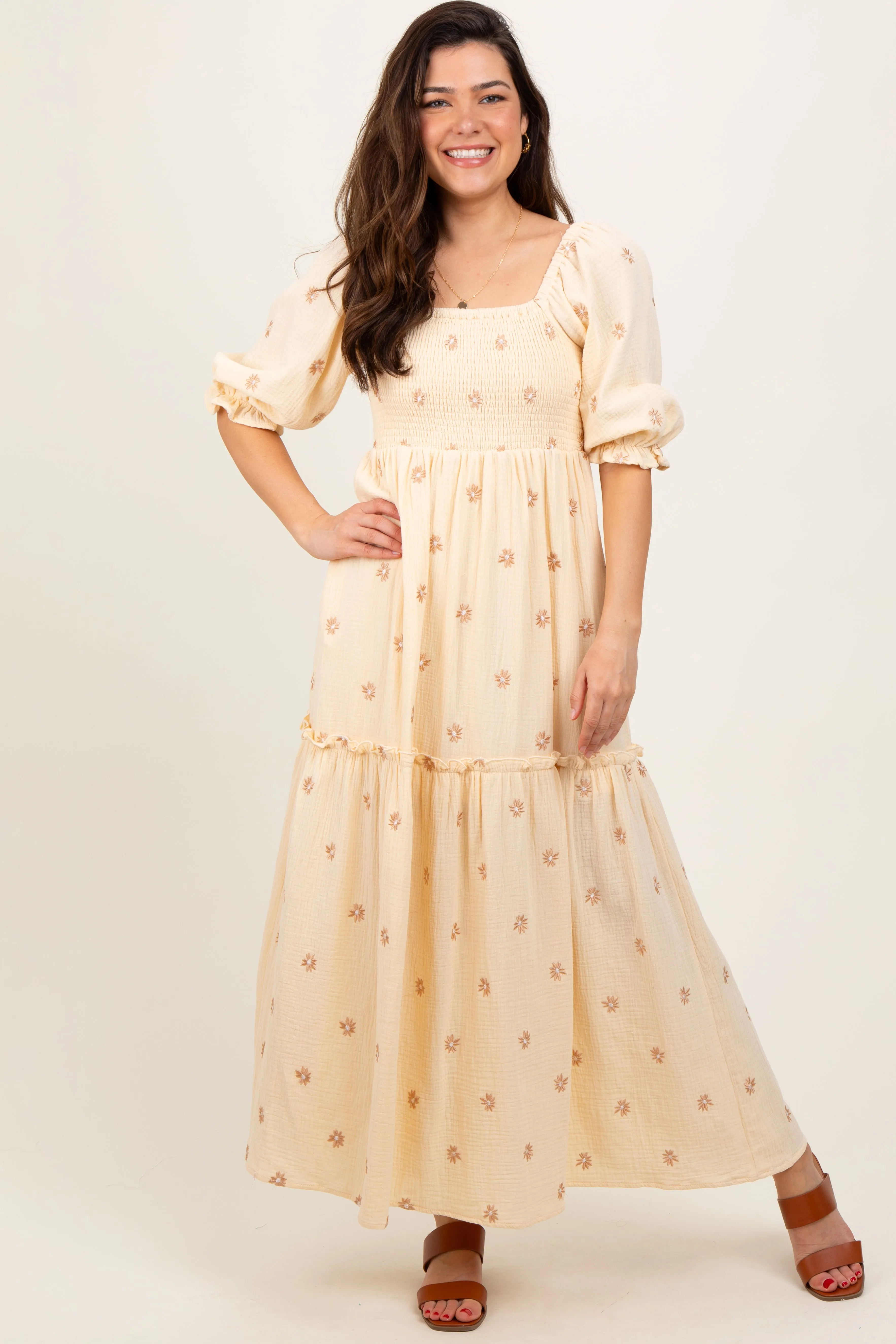 Cream Floral Smocked Puff Sleeve Maxi Dress sold by Pinkblush product image thumbnail 2