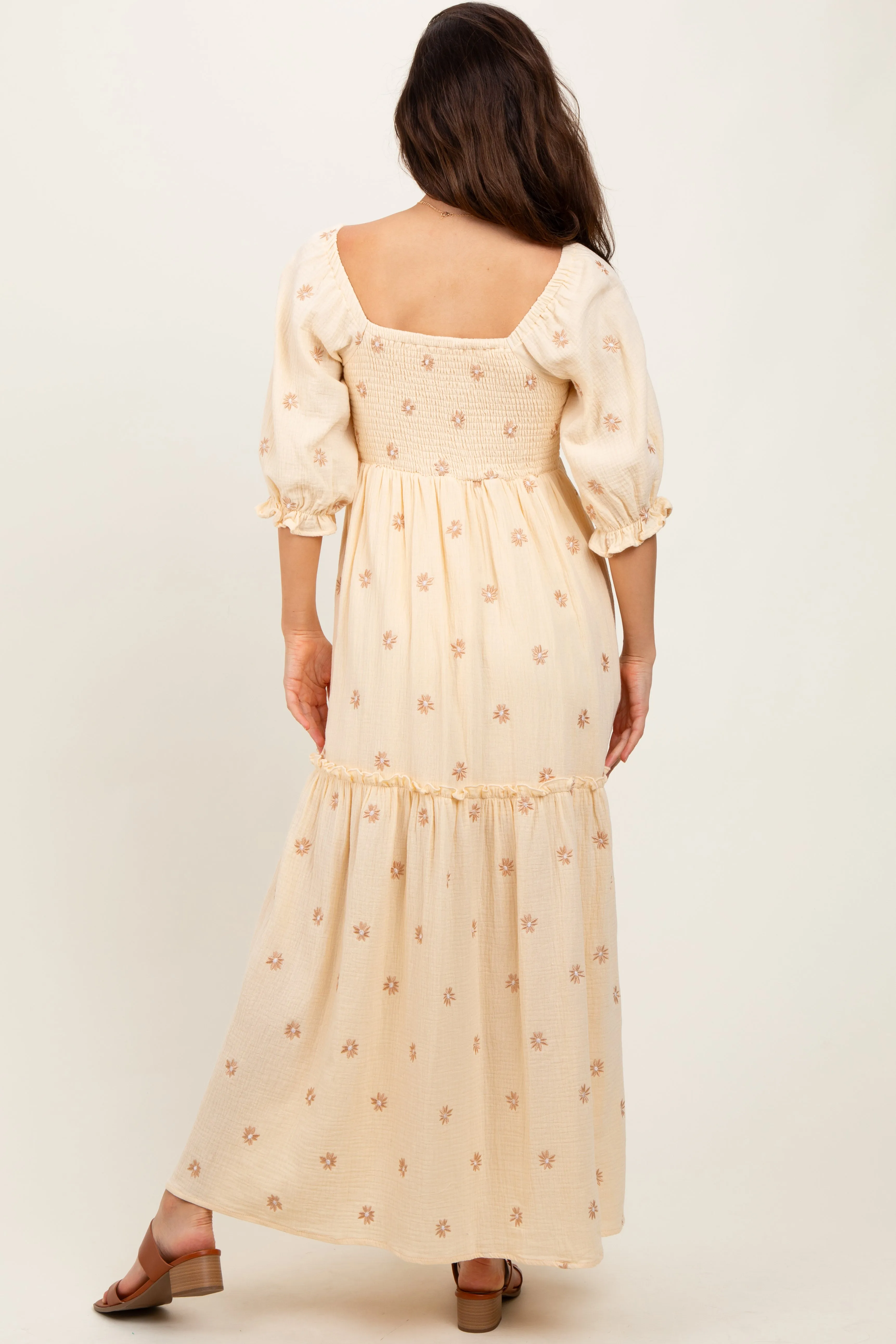 Cream Floral Smocked Puff Sleeve Maxi Dress sold by Pinkblush product image thumbnail 4