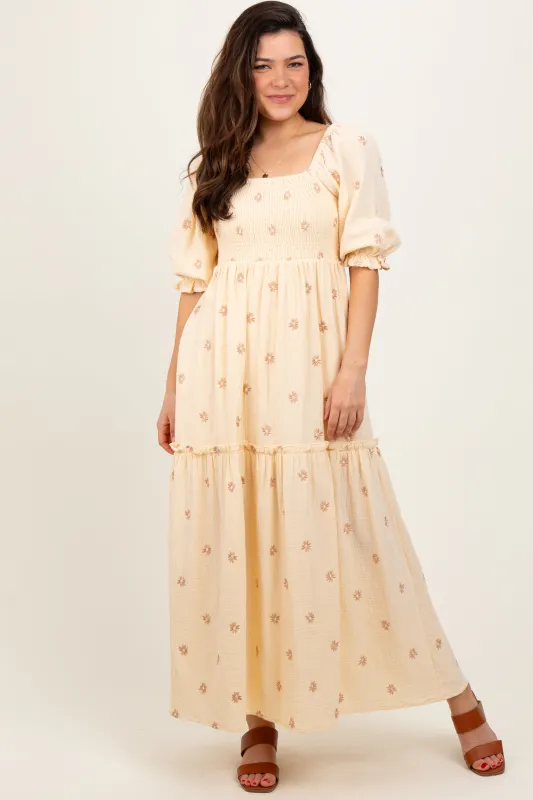 Cream Floral Smocked Puff Sleeve Maxi Dress sold by Pinkblush