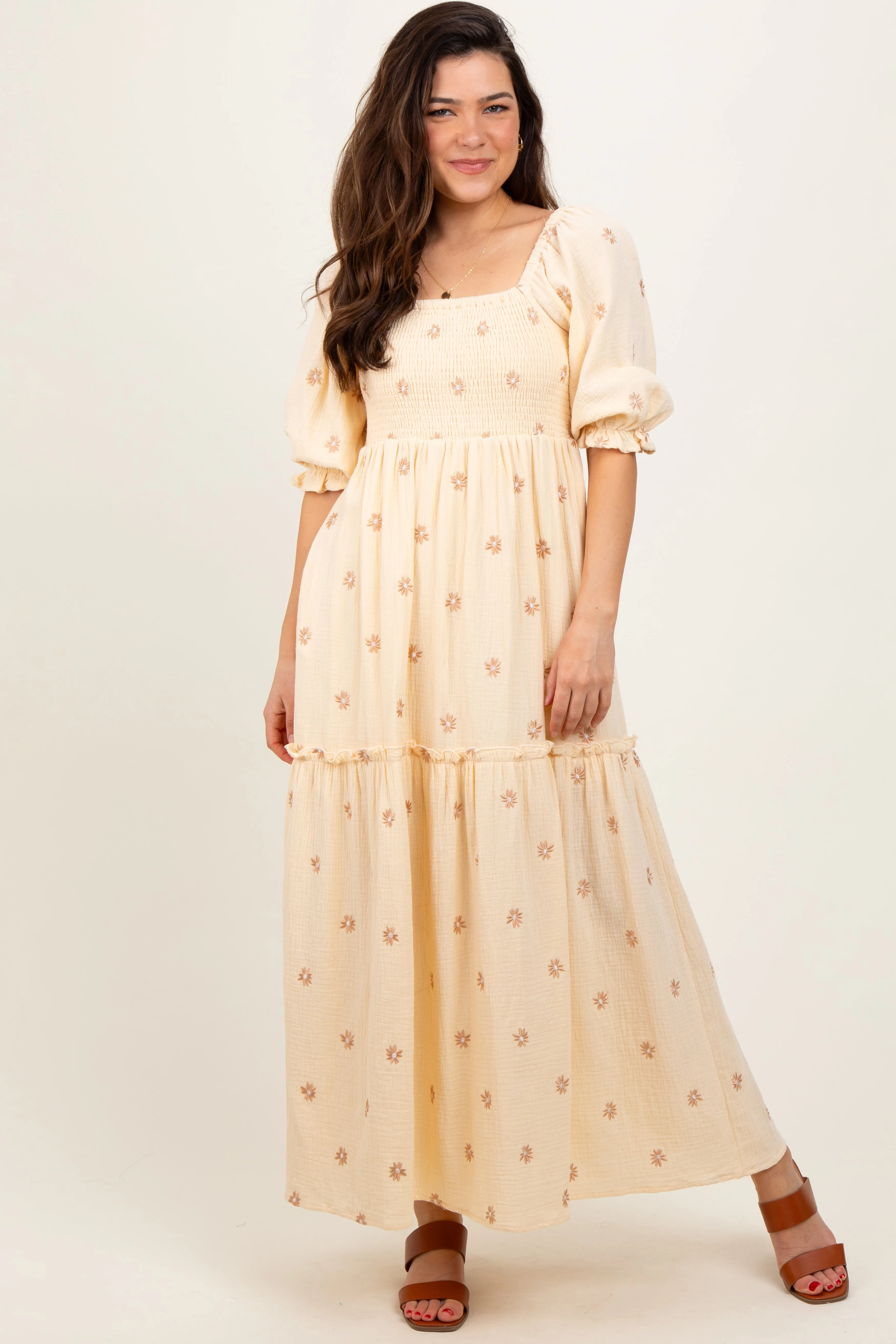 Cream Floral Smocked Puff Sleeve Maxi Dress sold by Pinkblush
