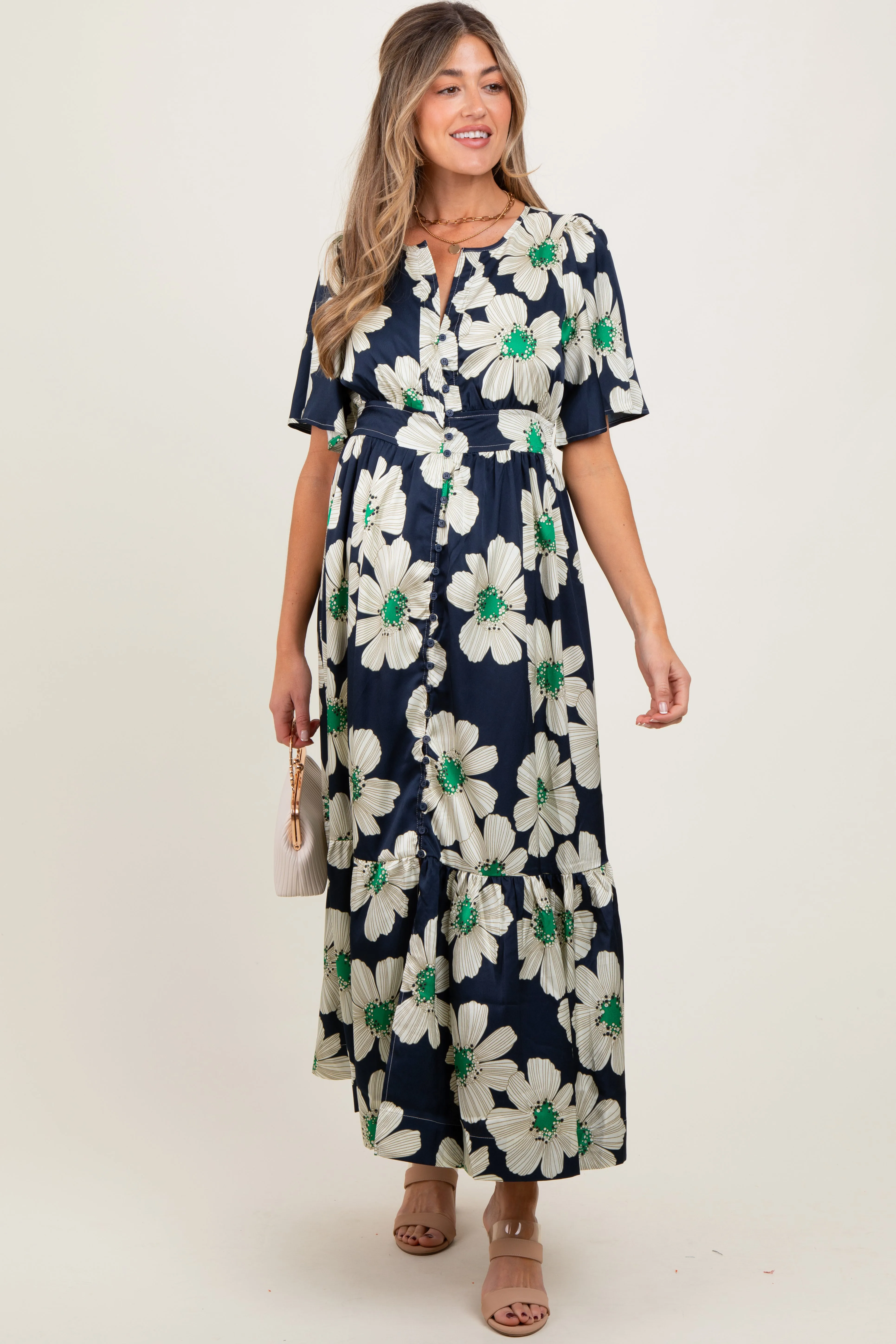 Navy Notched Collar Floral Button Down Maternity Maxi Dress sold by Pinkblush product image thumbnail 2