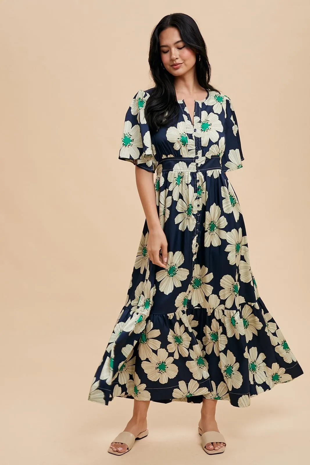 Navy Notched Collar Floral Button Down Maternity Maxi Dress sold by Pinkblush product image thumbnail 4