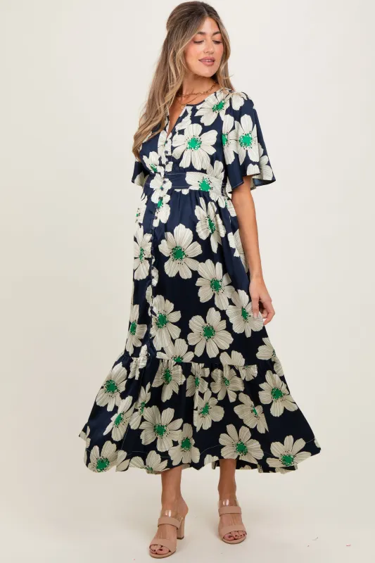 Navy Notched Collar Floral Button Down Maternity Maxi Dress sold by Pinkblush