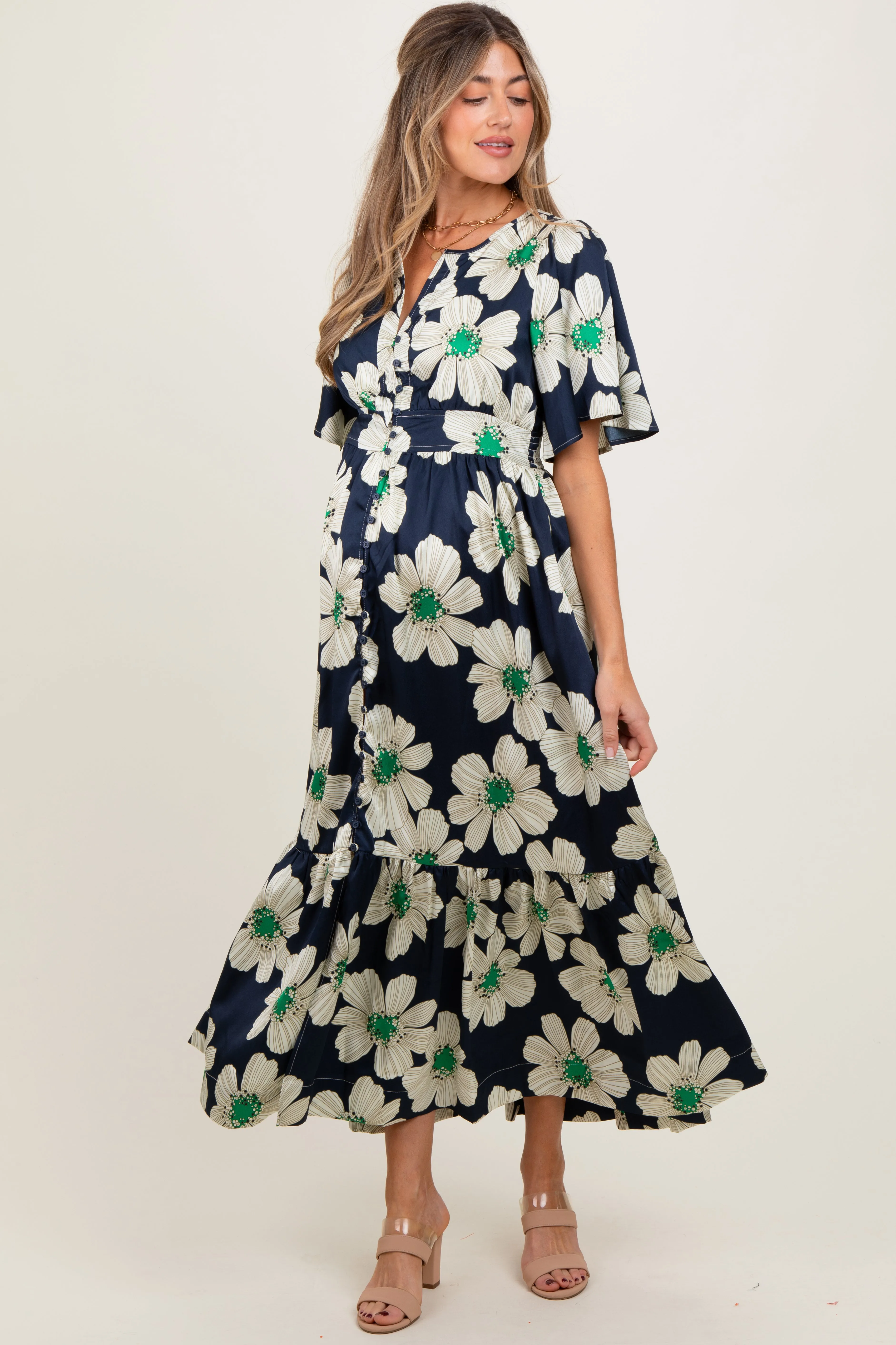 Navy Notched Collar Floral Button Down Maternity Maxi Dress sold by Pinkblush