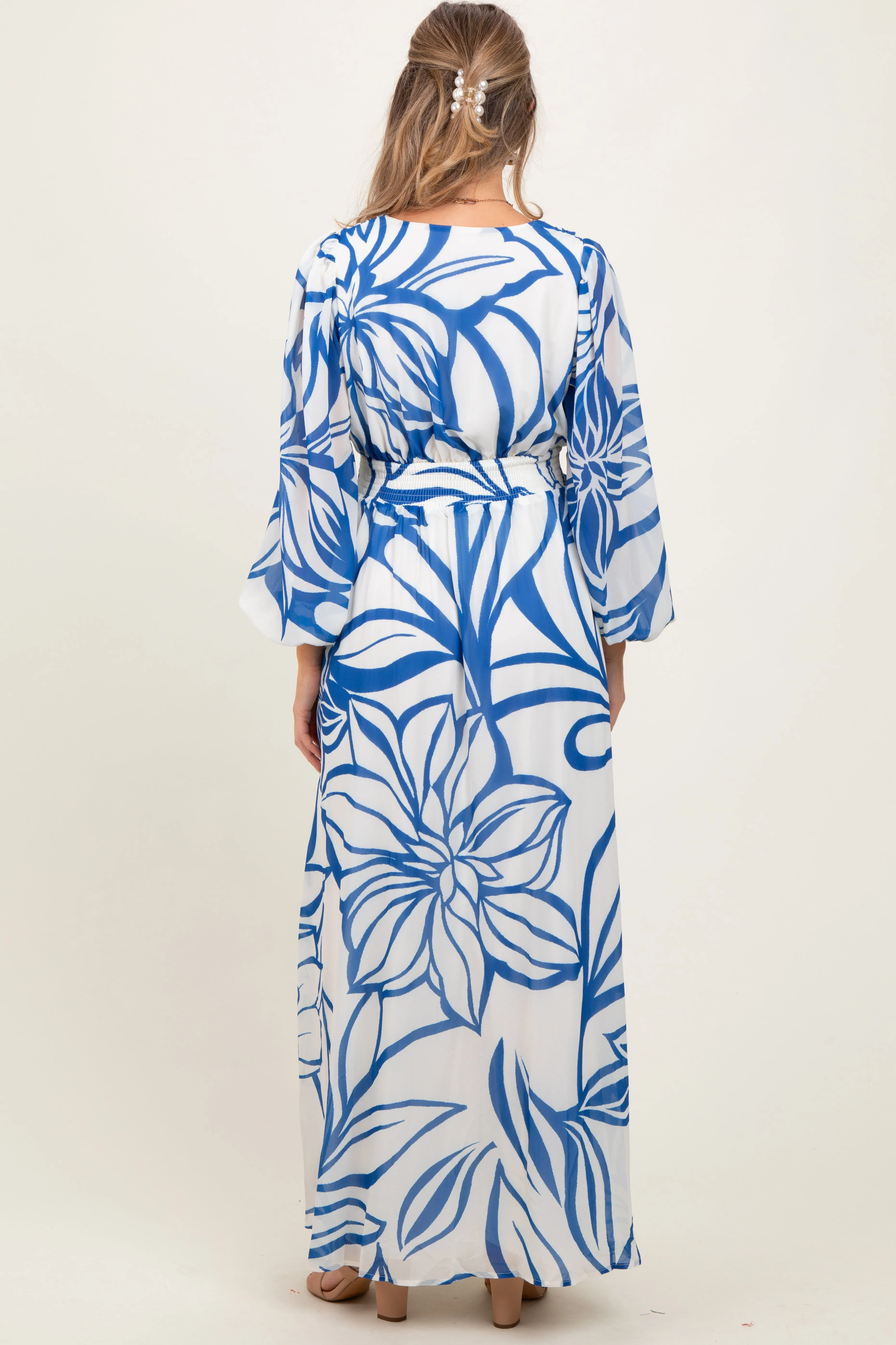 Blue Floral Smocked Waist Long Sleeve Maternity Maxi Dress sold by Pinkblush product image thumbnail 4