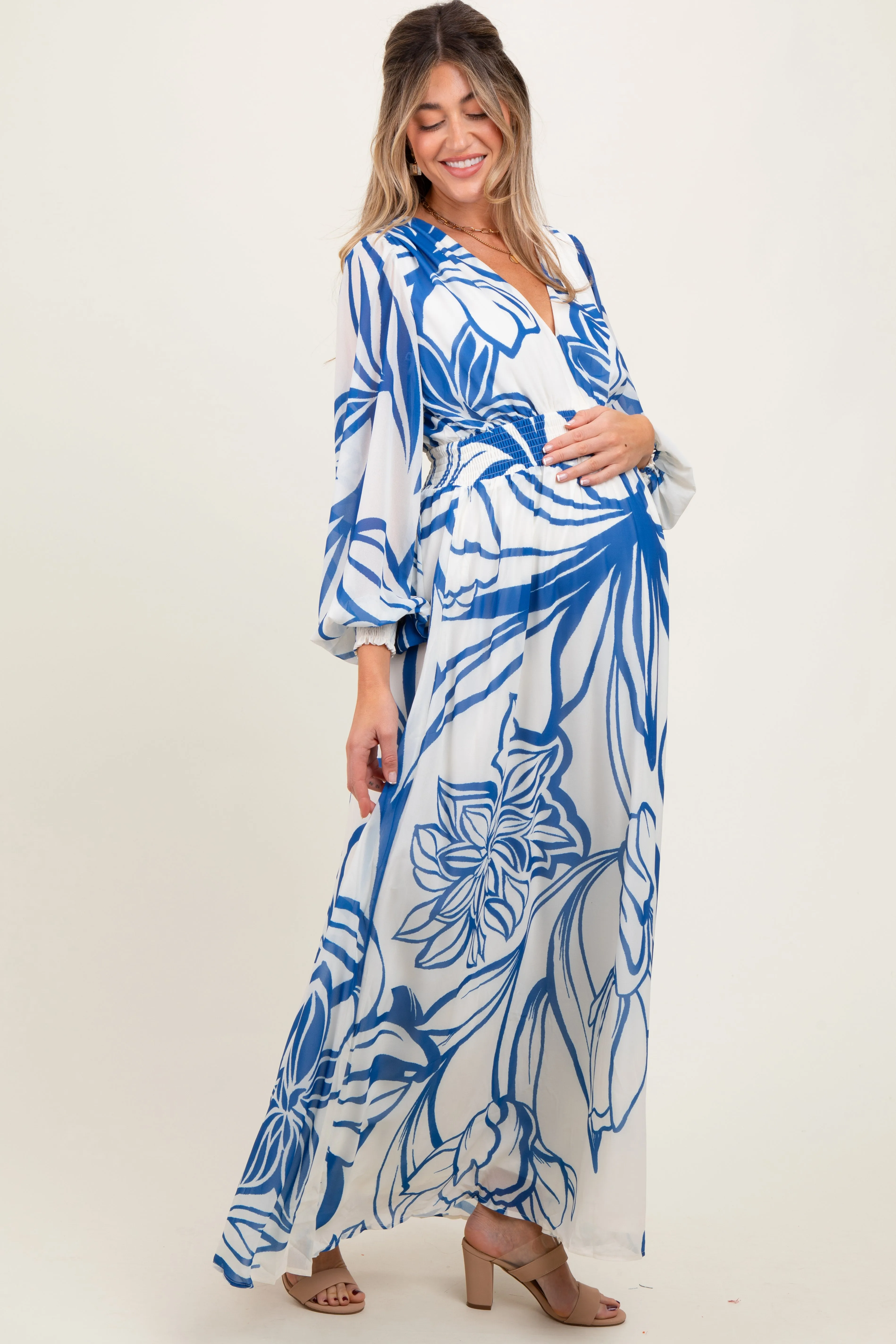 Blue Floral Smocked Waist Long Sleeve Maternity Maxi Dress sold by Pinkblush