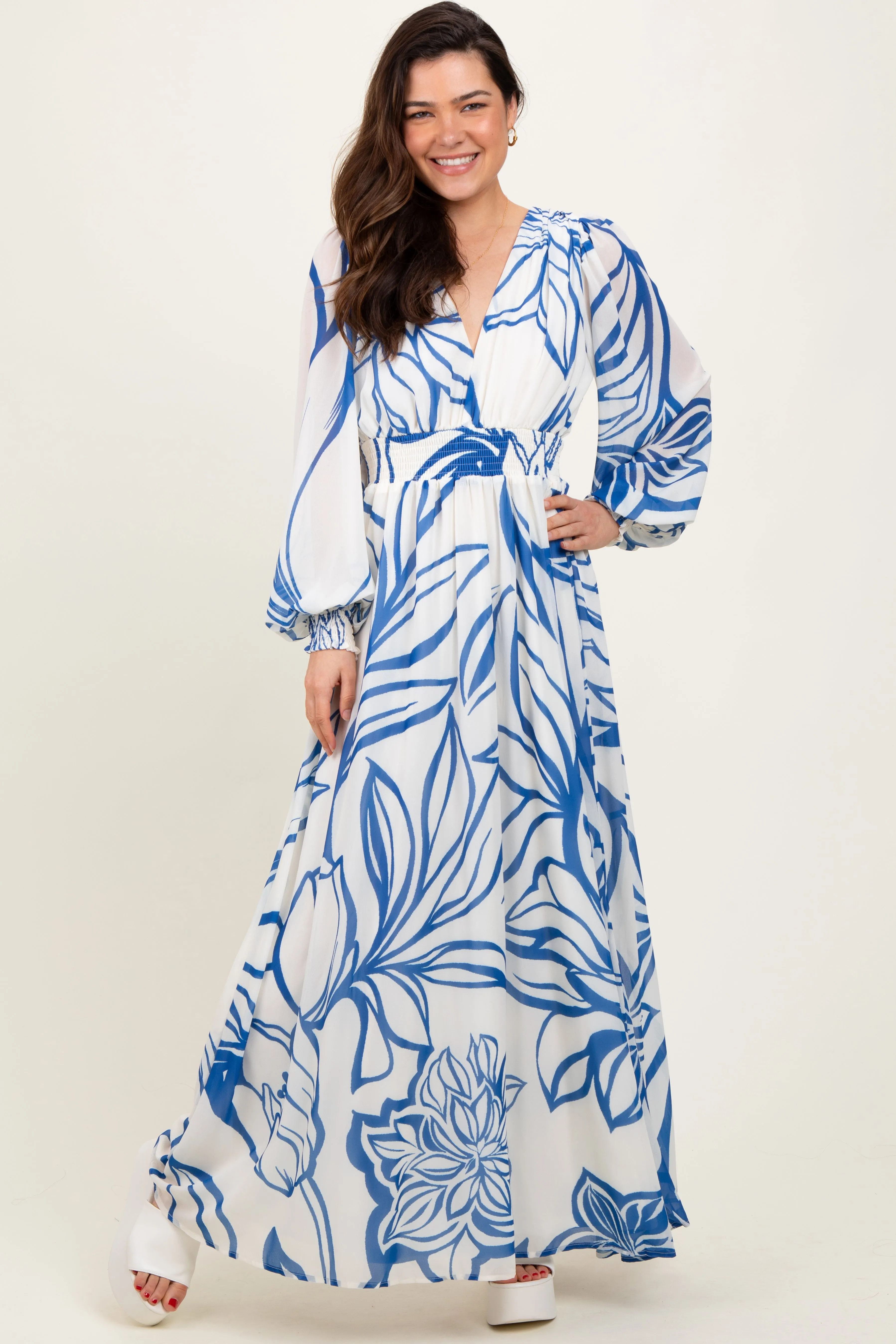 Blue Floral Smocked Waist Long Sleeve Maternity Maxi Dress sold by Pinkblush product image thumbnail 5