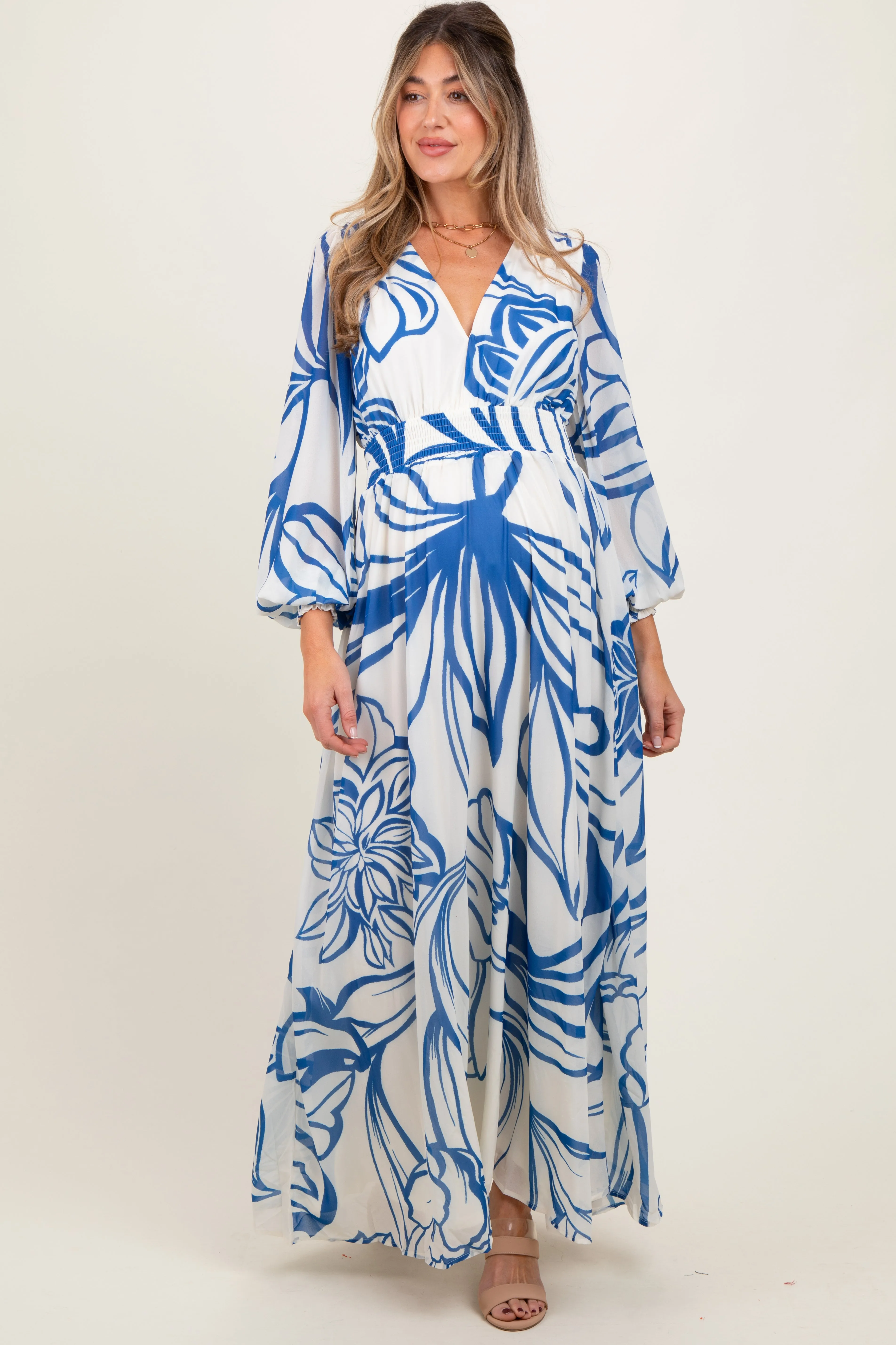 Blue Floral Smocked Waist Long Sleeve Maternity Maxi Dress sold by Pinkblush product image thumbnail 2