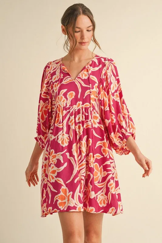 Fuchsia Print 3/4 Balloon Sleeve Dress sold by Pinkblush product image thumbnail 2