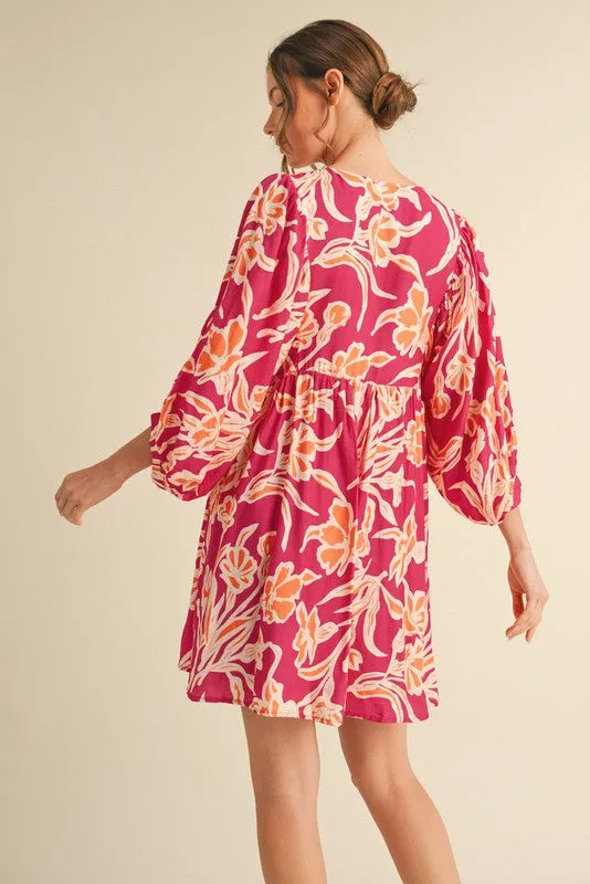Fuchsia Print 3/4 Balloon Sleeve Dress sold by Pinkblush product image thumbnail 3