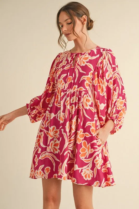 Fuchsia Print 3/4 Balloon Sleeve Dress sold by Pinkblush